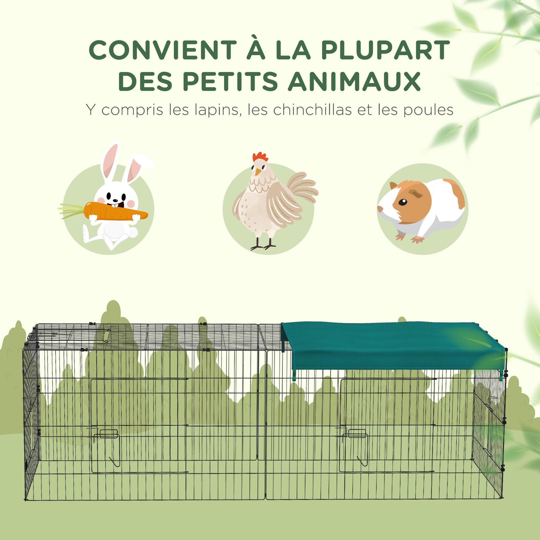 Voir la diapositive 6 : PAWHUT Parc enclos petits animaux - 2 portes, 3 trappes nourrissages, zone couverte - acier noir polyester vert