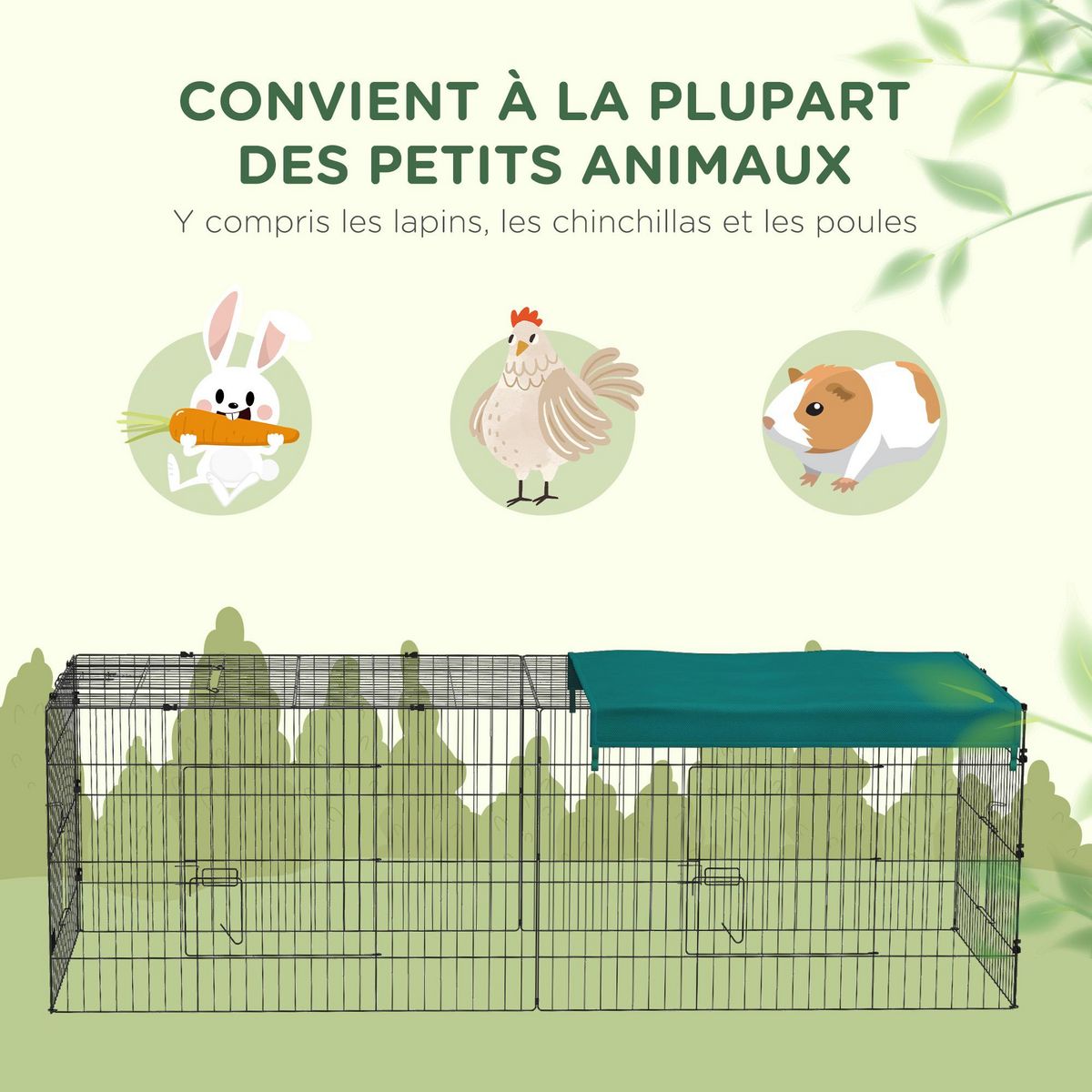PAWHUT Parc enclos petits animaux - 2 portes, 3 trappes nourrissages, zone couverte - acier noir polyester vert
