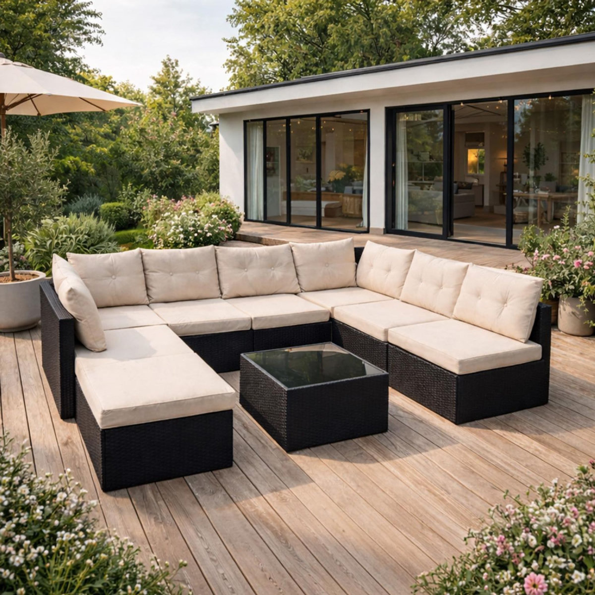 CONCEPT USINE Salon de jardin 8 places en résine tressée noir et beige YANUCA