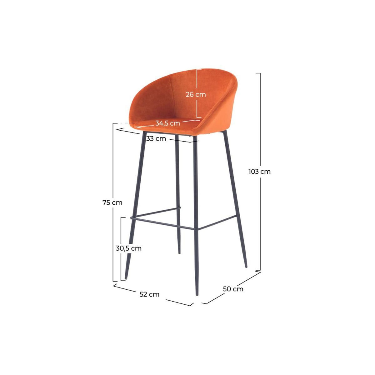 Rendez vous déco Lot de 2 chaises de bar 75 cm en velours orange - Marquise