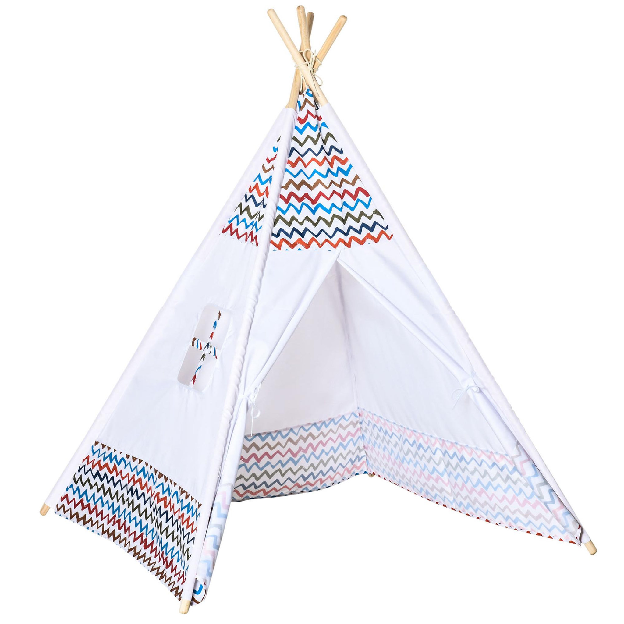 Voir la diapositive 1 : HOMCOM Tente teepee indien enfant style graphique - dim. 1,2L x 1,2I x 1,55H m - porte refermable, fenêtre - structure bois, toile polyester coton blanc multicolore