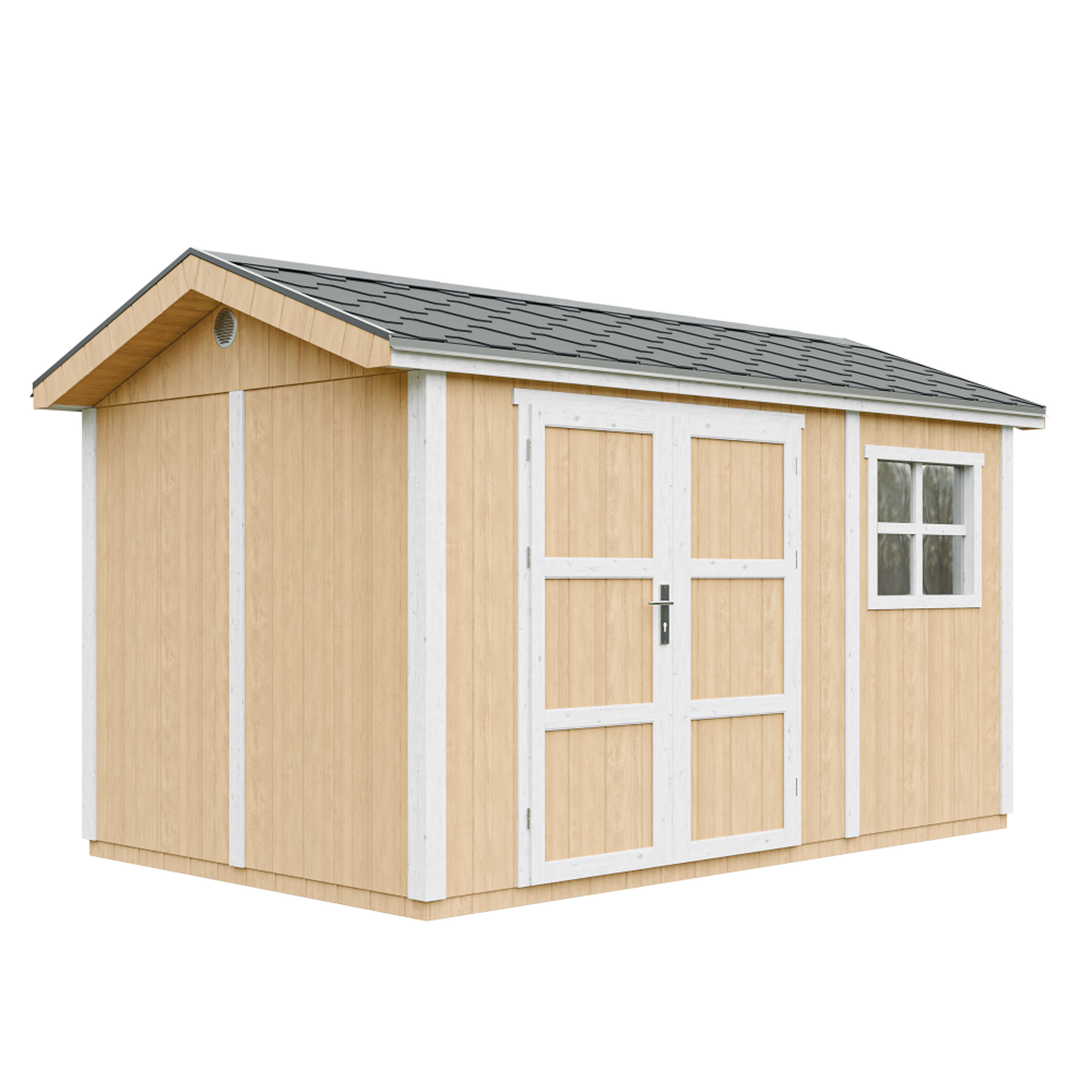 Voir la diapositive 1 : TIMBELA Abri de Jardin Qualité Premium 8,68 m² H252x250x412cm Avec un sol et des bardeaux bitumineux M914A