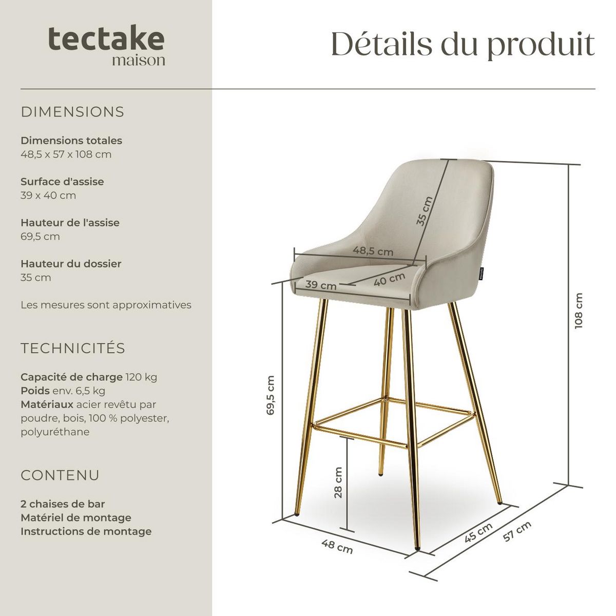 tectake Tabouret de bar en aspect velours rembourré crème/or Ensemble de 2 pièces