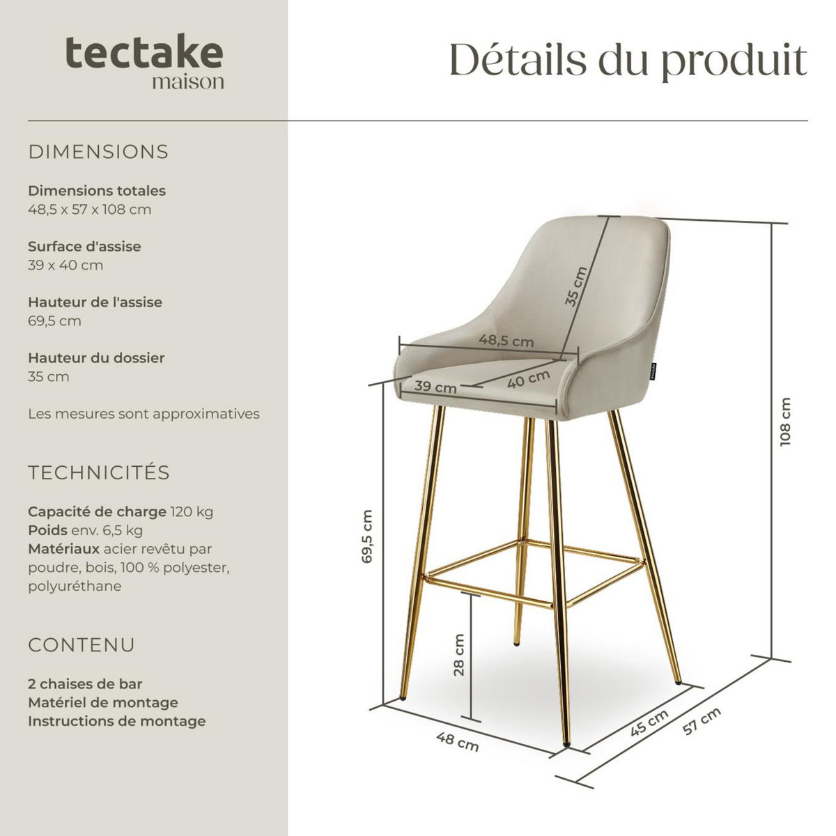 tectake Tabouret de bar en aspect velours rembourré crème/or Ensemble de 2 pièces