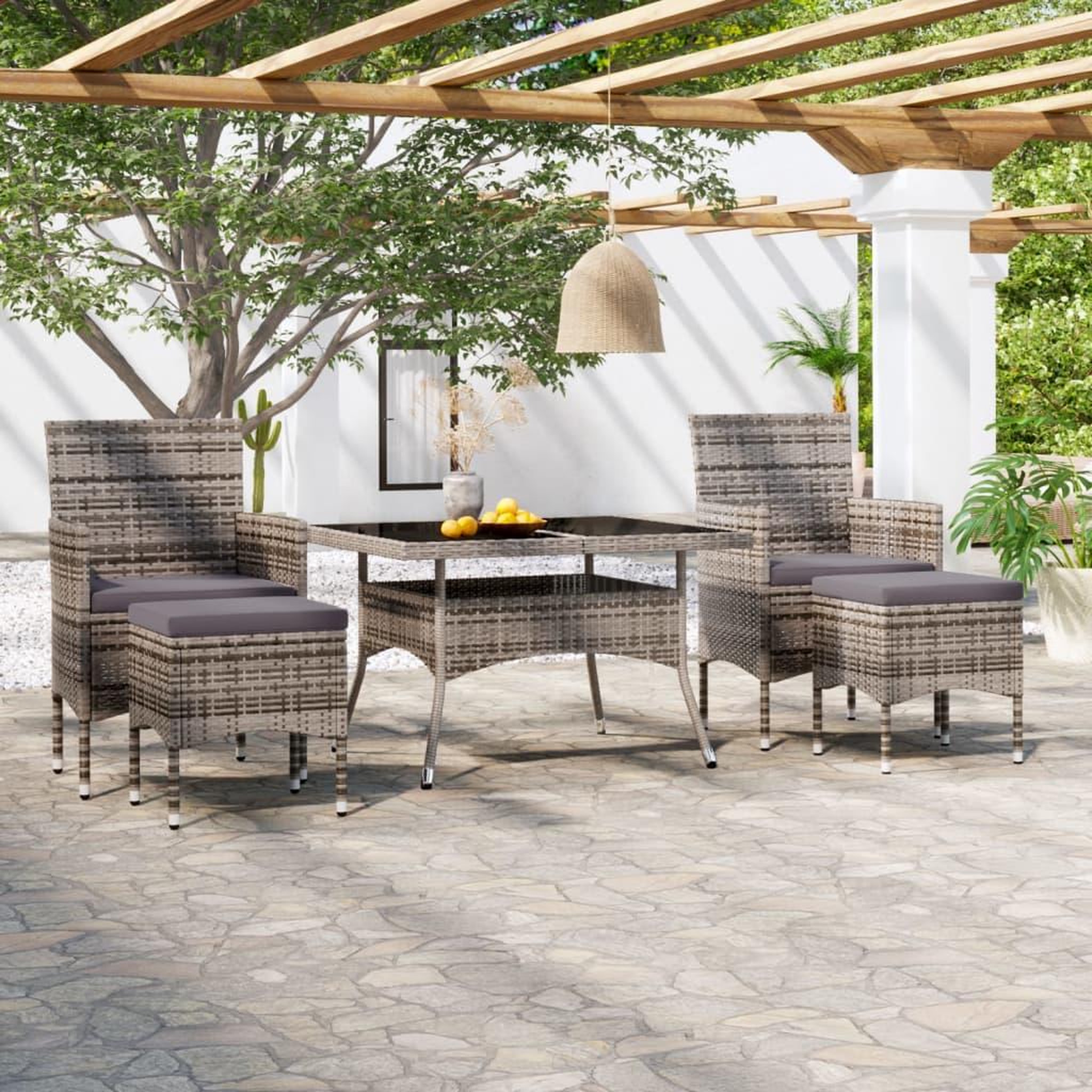 Voir la diapositive 1 : VIDAXL Ensemble a Manger jardin 5 pcs resine tressee verre trempe Gris