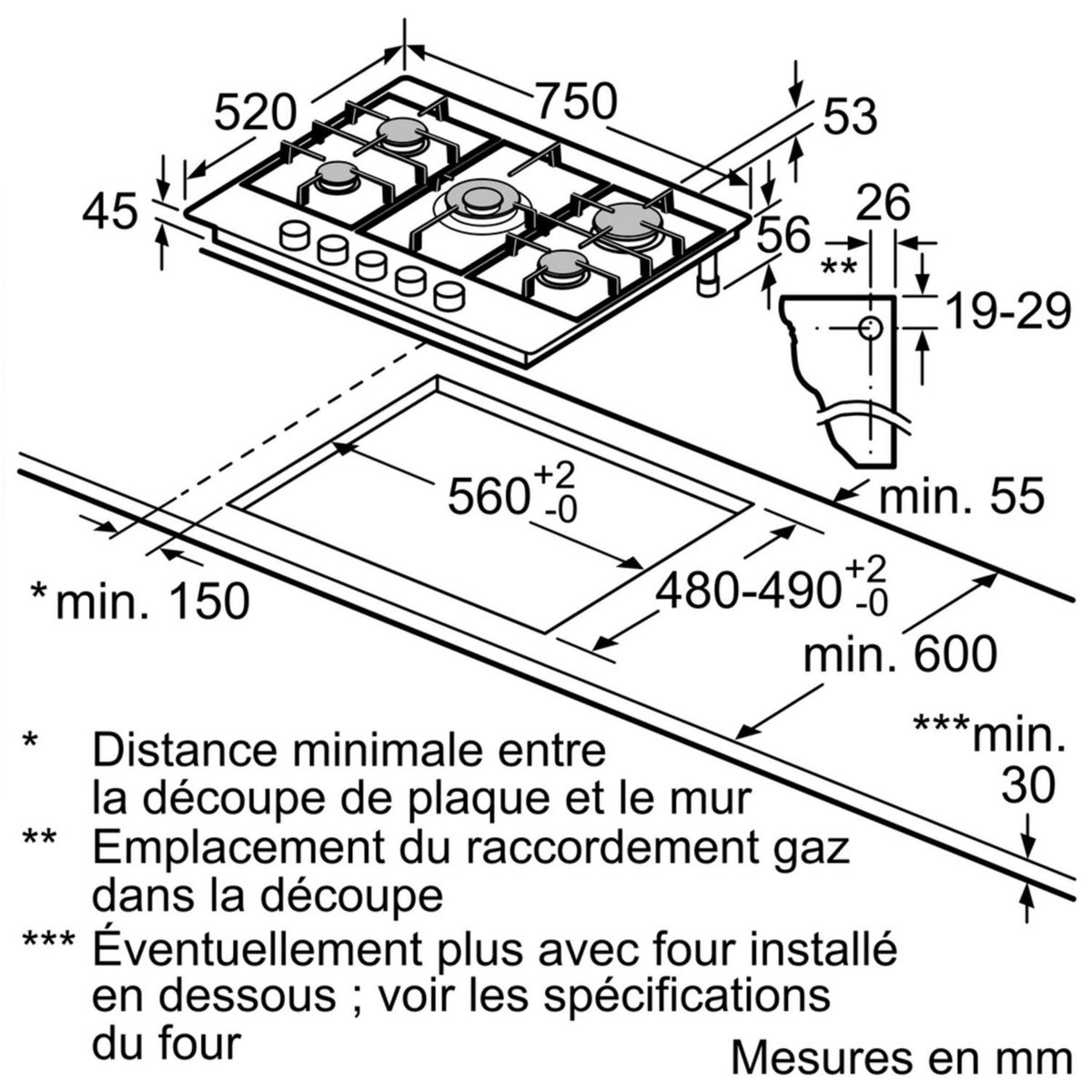 BOSCH Table de cuisson gaz 75cm 5 feux inox - pgq7b5b90