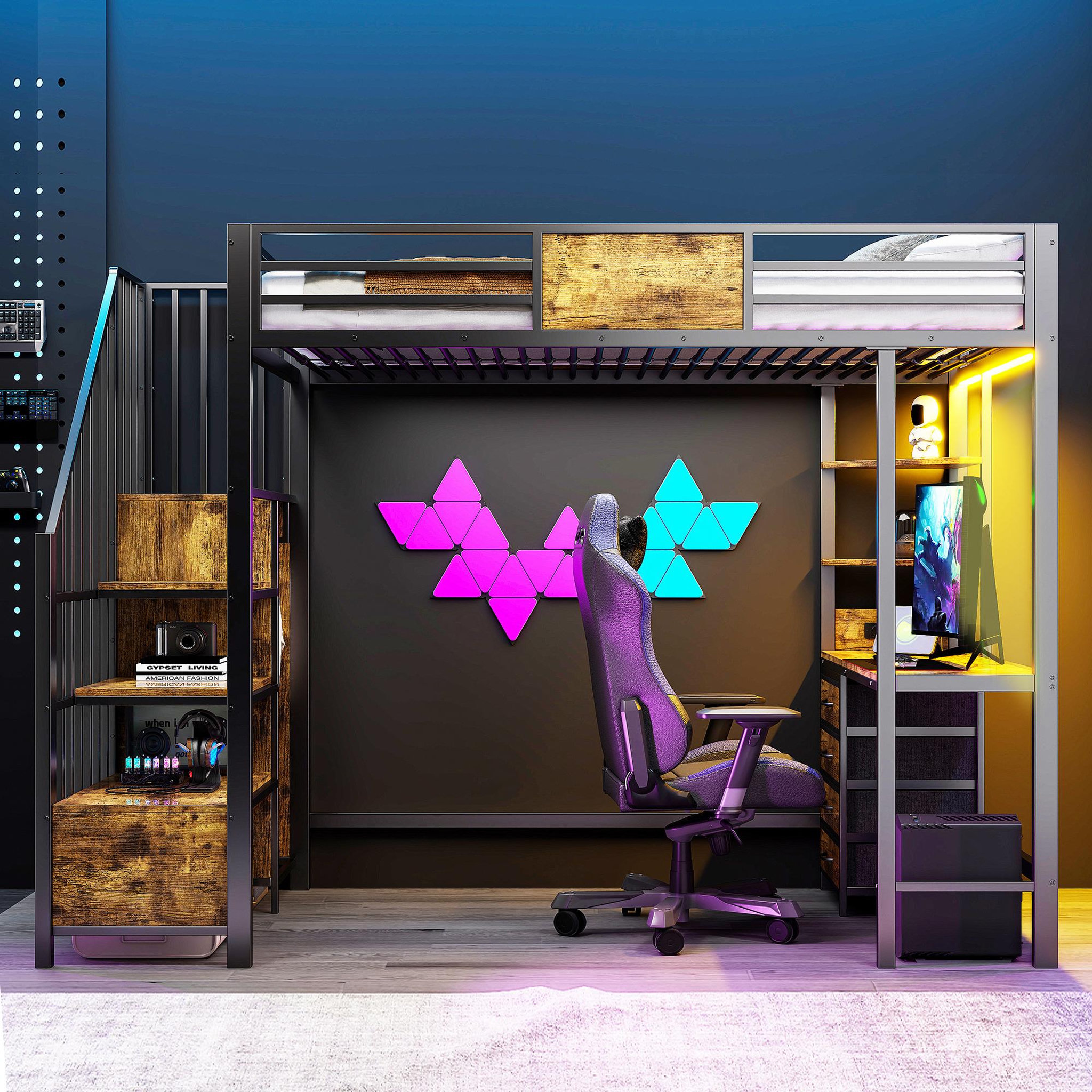 Voir la diapositive 2 : MERAX Lit mezzanine 90x200 cm coloris noir led métal