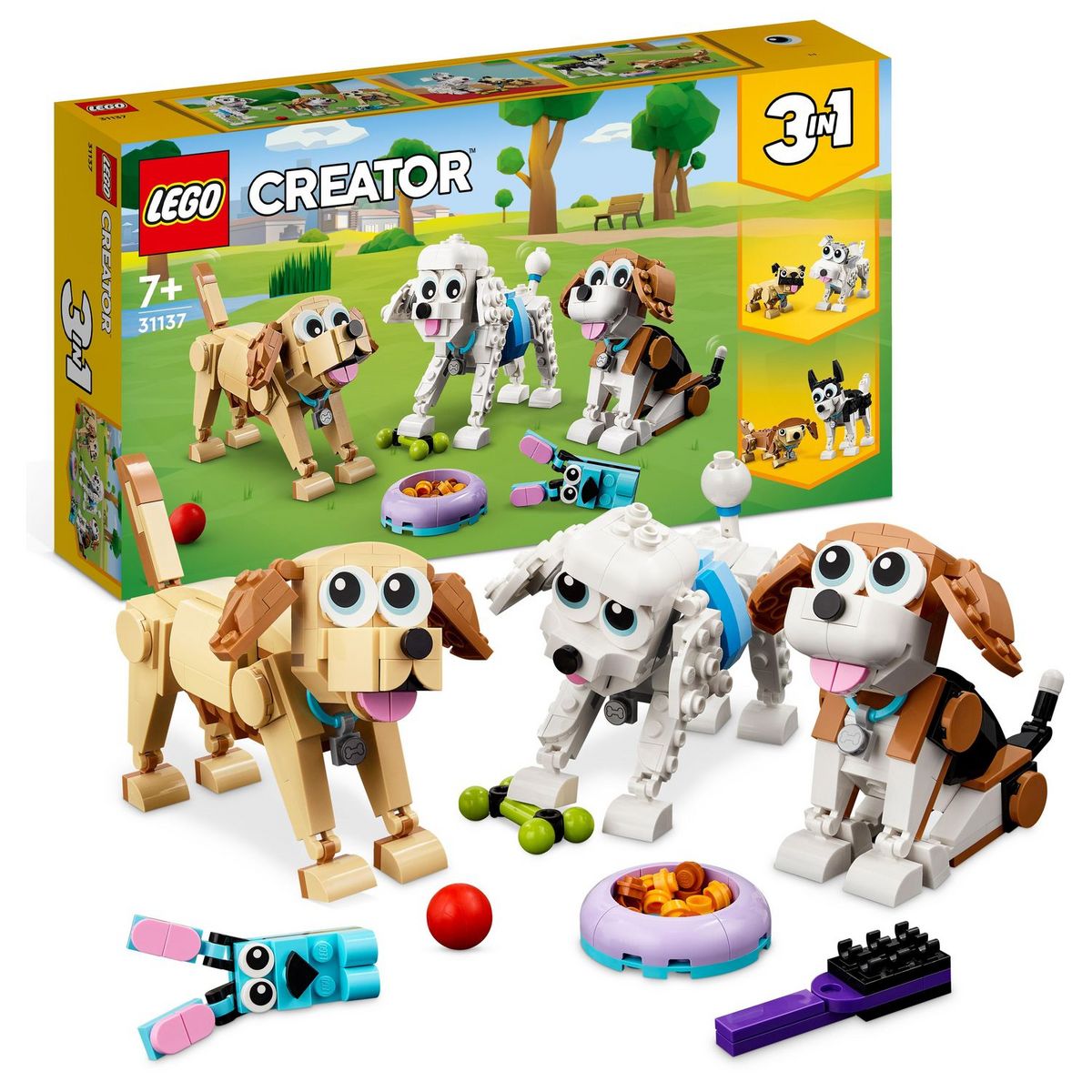 LEGO Creator 31137 - Adorables chiens,  Figurines de Teckel, Carlin, Caniche, Jouet de Construction