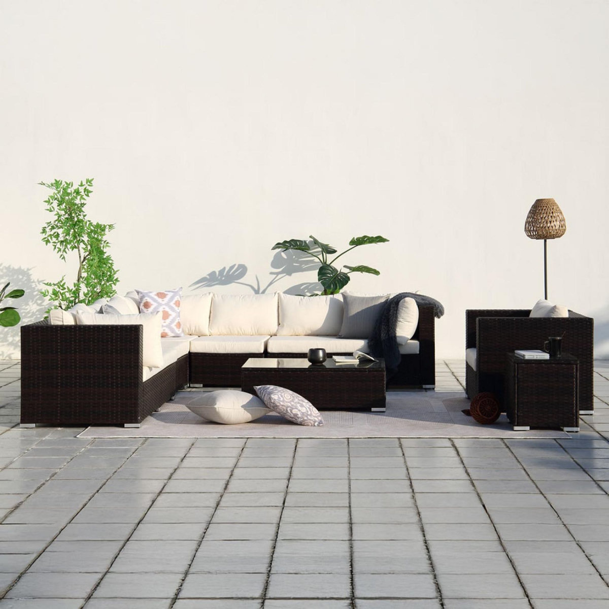 CONCEPT USINE salon de jardin panoramique 8 places en résine tressée marron et blanc SALENTO