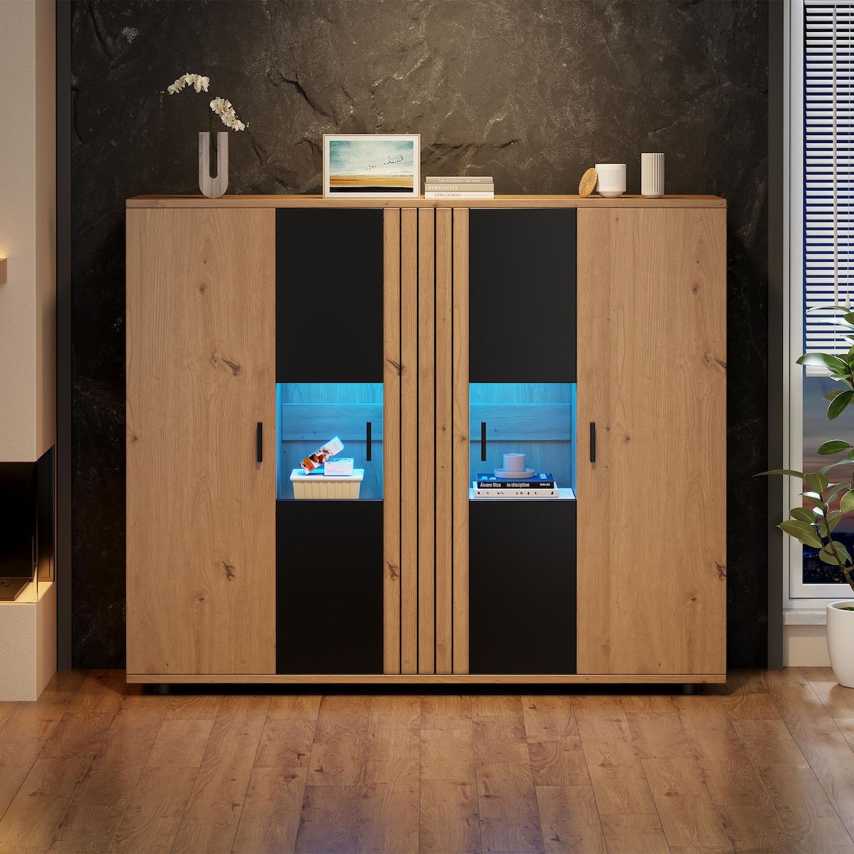 MERAX Buffet 4 porte(s) 0 tiroir(s) - 140 cm naturel+noir led panneau de particules