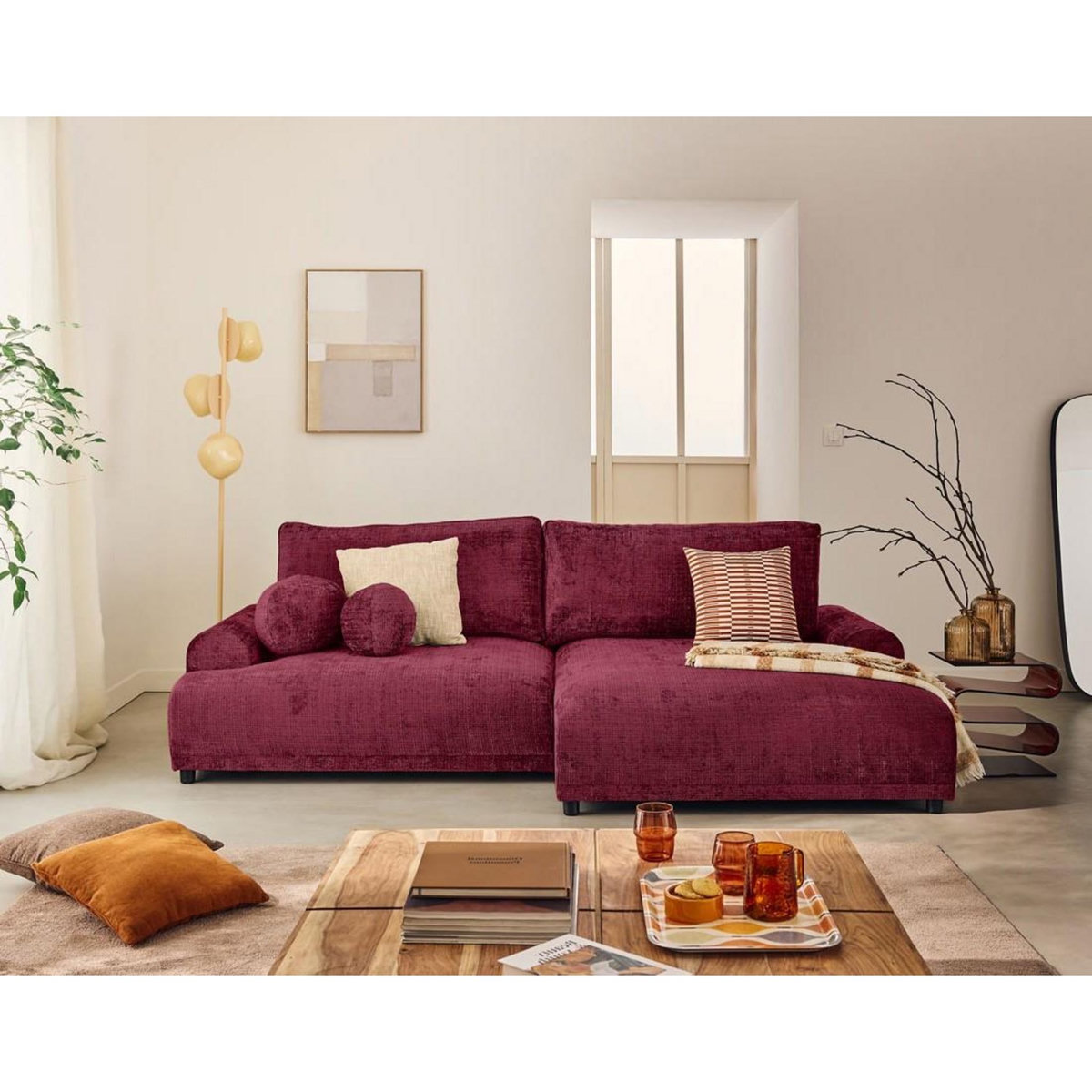 LISA DESIGN Nelly - canapé d'angle droit 4 places convertible avec coffre en velours texturé