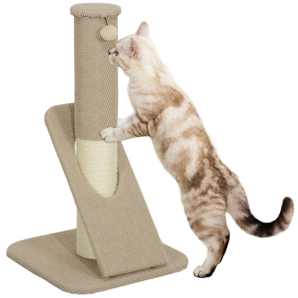 PAWHUT Griffoir chat taille M - Poteau à griffer H.84 cm, jeu boule - sisal naturel revêtement patchwork grain d'ananas beige