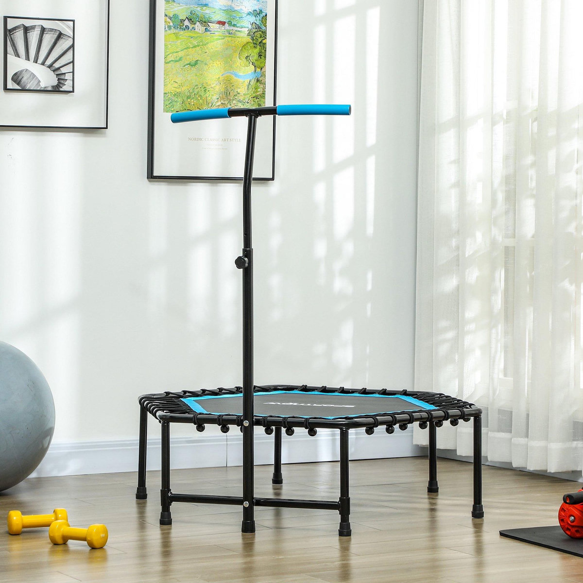 HOMCOM Trampoline de Fitness gymnastique Ø114 cm élastiques Bungee guidon hauteur réglable 117-132 cm