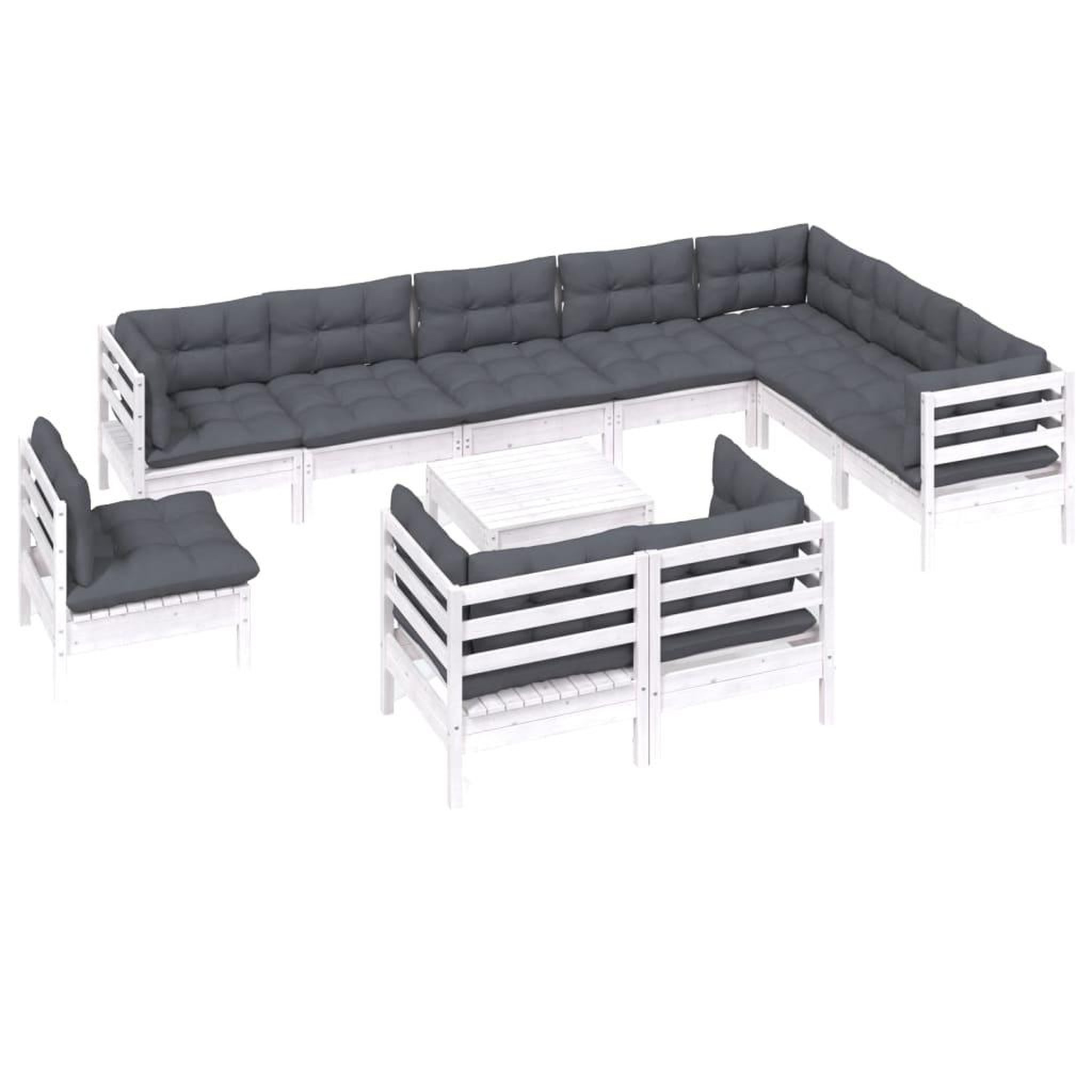 Voir la diapositive 3 : VIDAXL Salon de jardin 11 pcs avec coussins blanc bois de pin solide