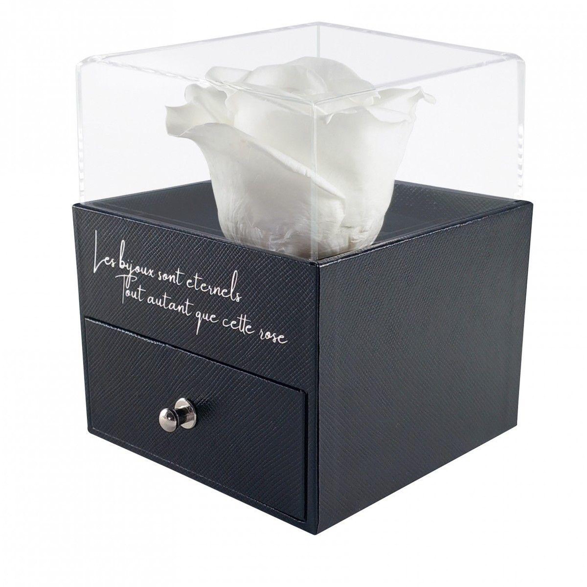 Voir la diapositive 2 : SC CRYSTAL Boite à bijoux décorée d'une rose éternelle - stabilisée blanche