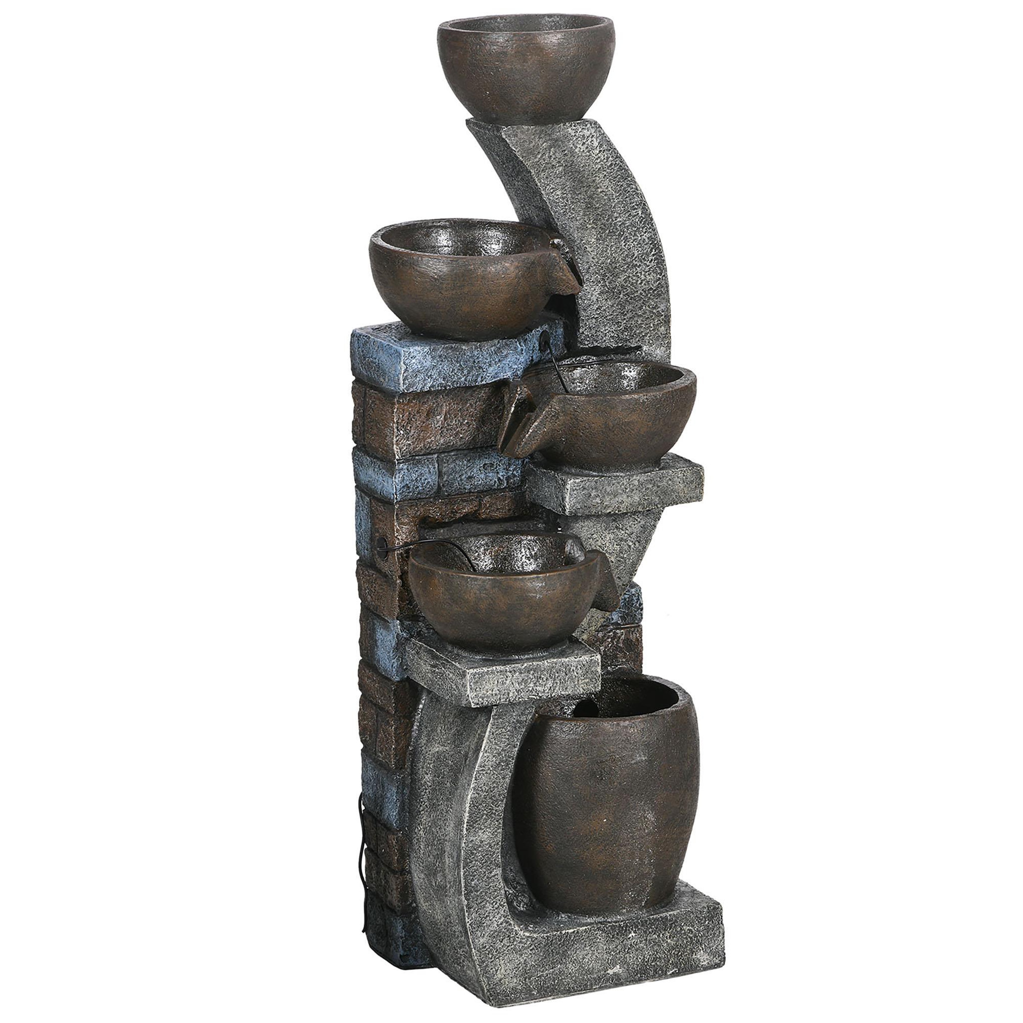 OUTSUNNY Fontaine d'eau extérieure 5 niveaux, fontaine de jardin avec lumières LED, panneau solaire 3,7 kW, pompe, débit de 450L/h, en résine, gris et marron