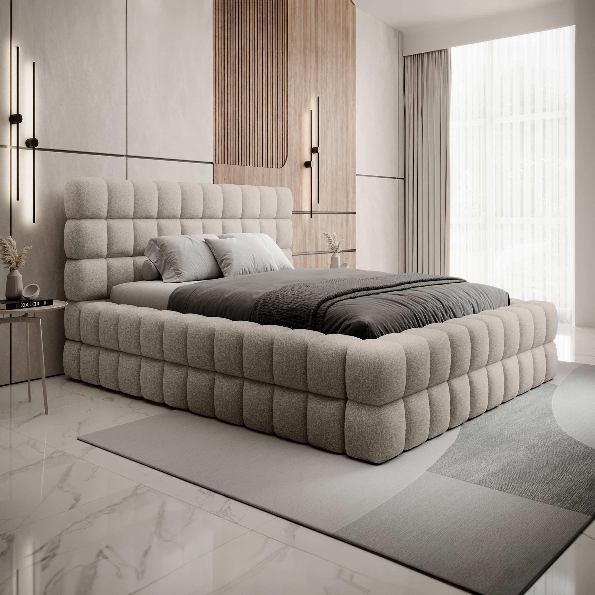 BEST MOBILIER Kingston - lit coffre - 160x200 - sommier inclus - en tissu bouclette. Coloris disponibles : Blanc, Beige, Gris