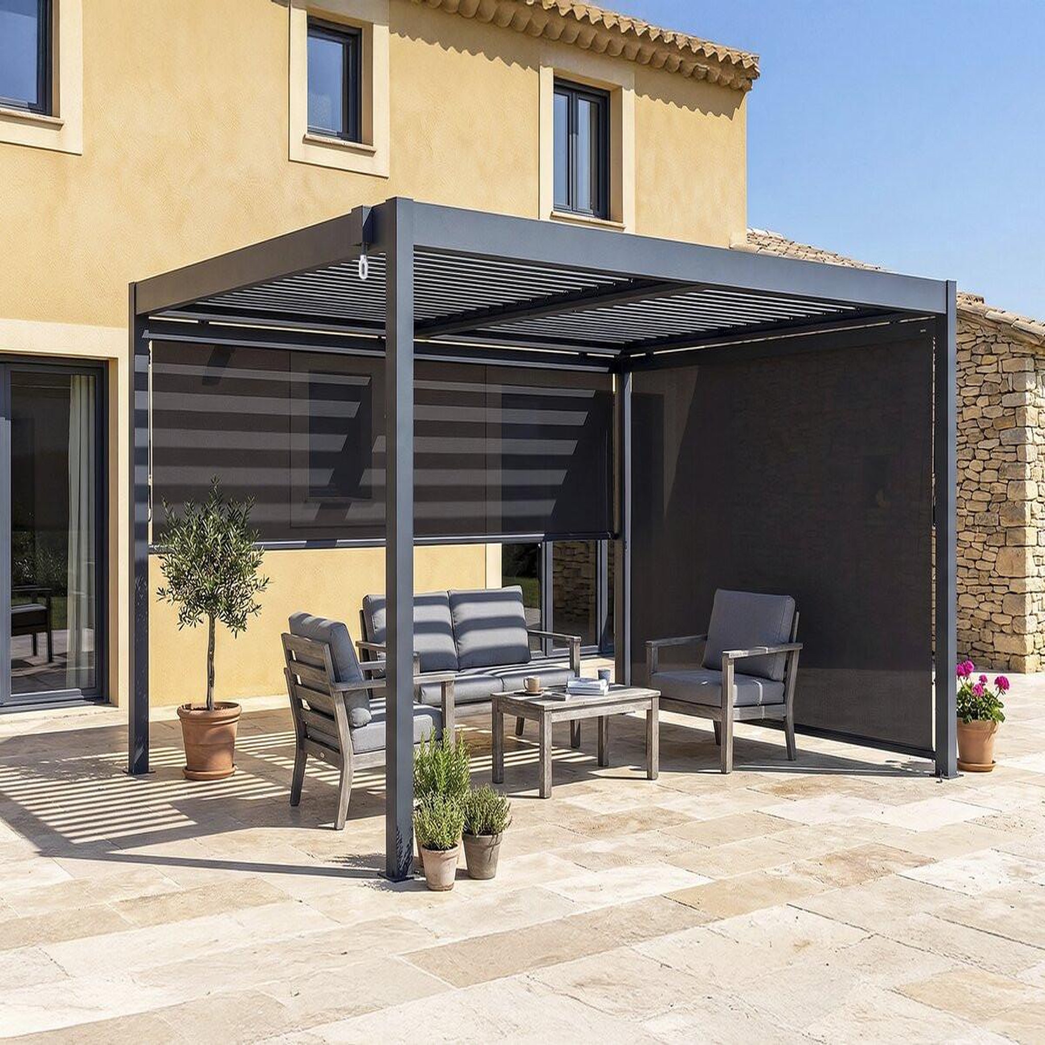 Voir la diapositive 2 : Habitat et Jardin Pergola bioclimatique avec 2 stores en aluminium  windsor  - 3 x 4 m - gris