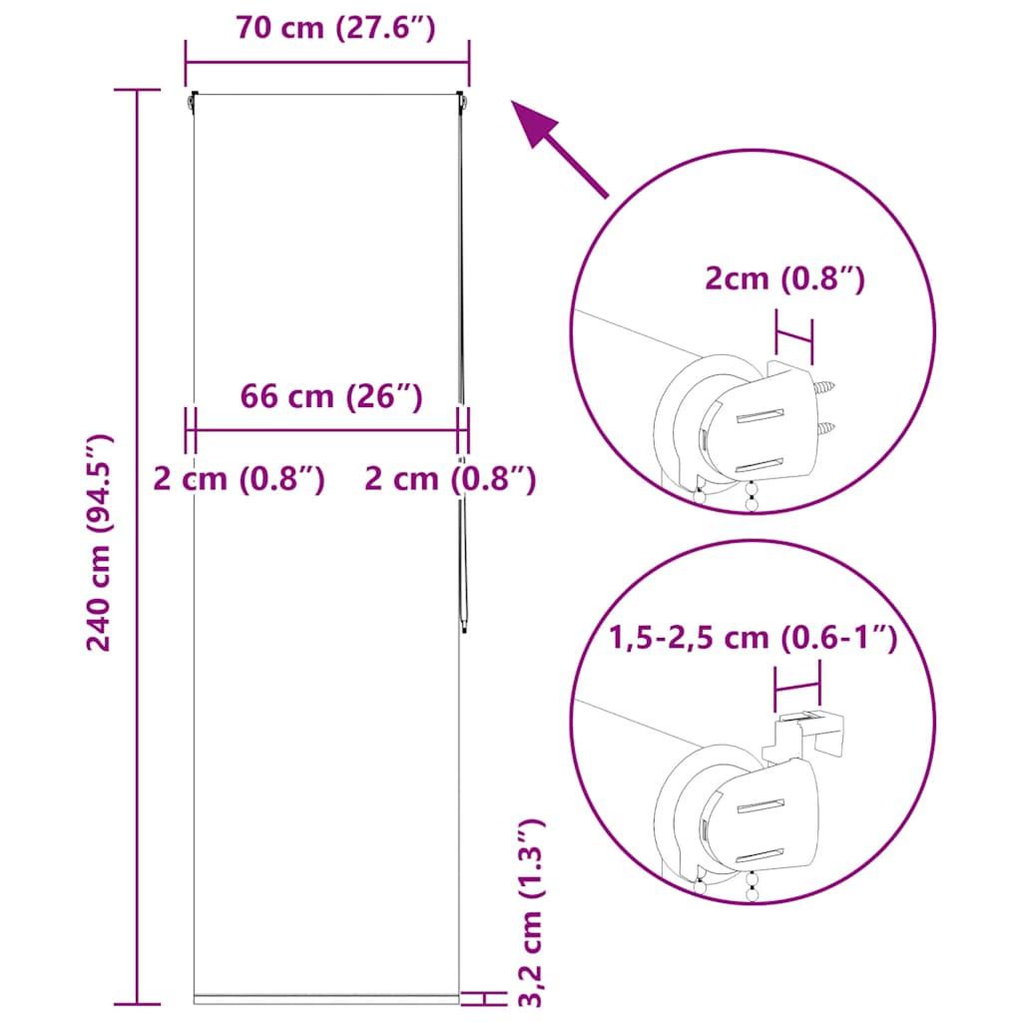 Voir la diapositive 6 : VIDAXL Store enrouleur de douche 70x240 cm largeur du tissu 66 cm