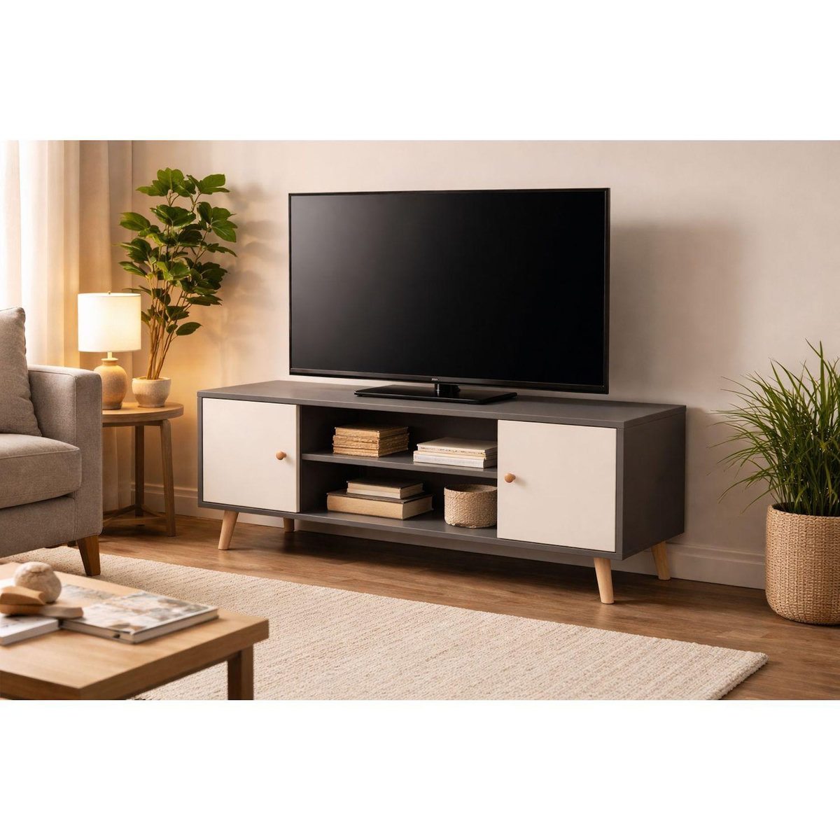 TOILINUX Meuble TV design Samy - L. 120 x H. 50 cm - Blanc et gris foncé