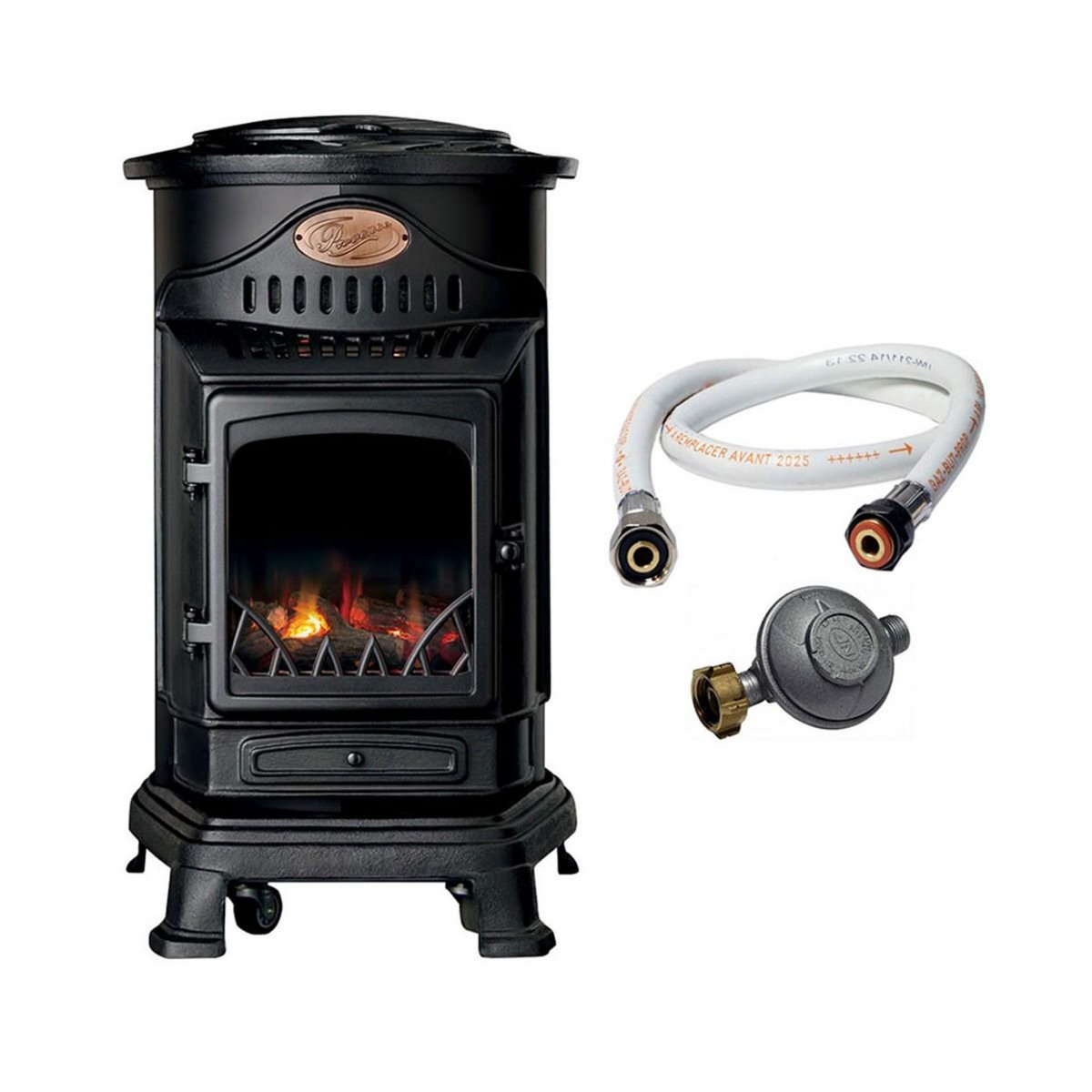 UNIVERSAL Poêle à gaz 3,4KW NOIR Fonte Véritable Effet feu de bois + Tuyau gaz + Détendeur butane Provence UNIVERSAL