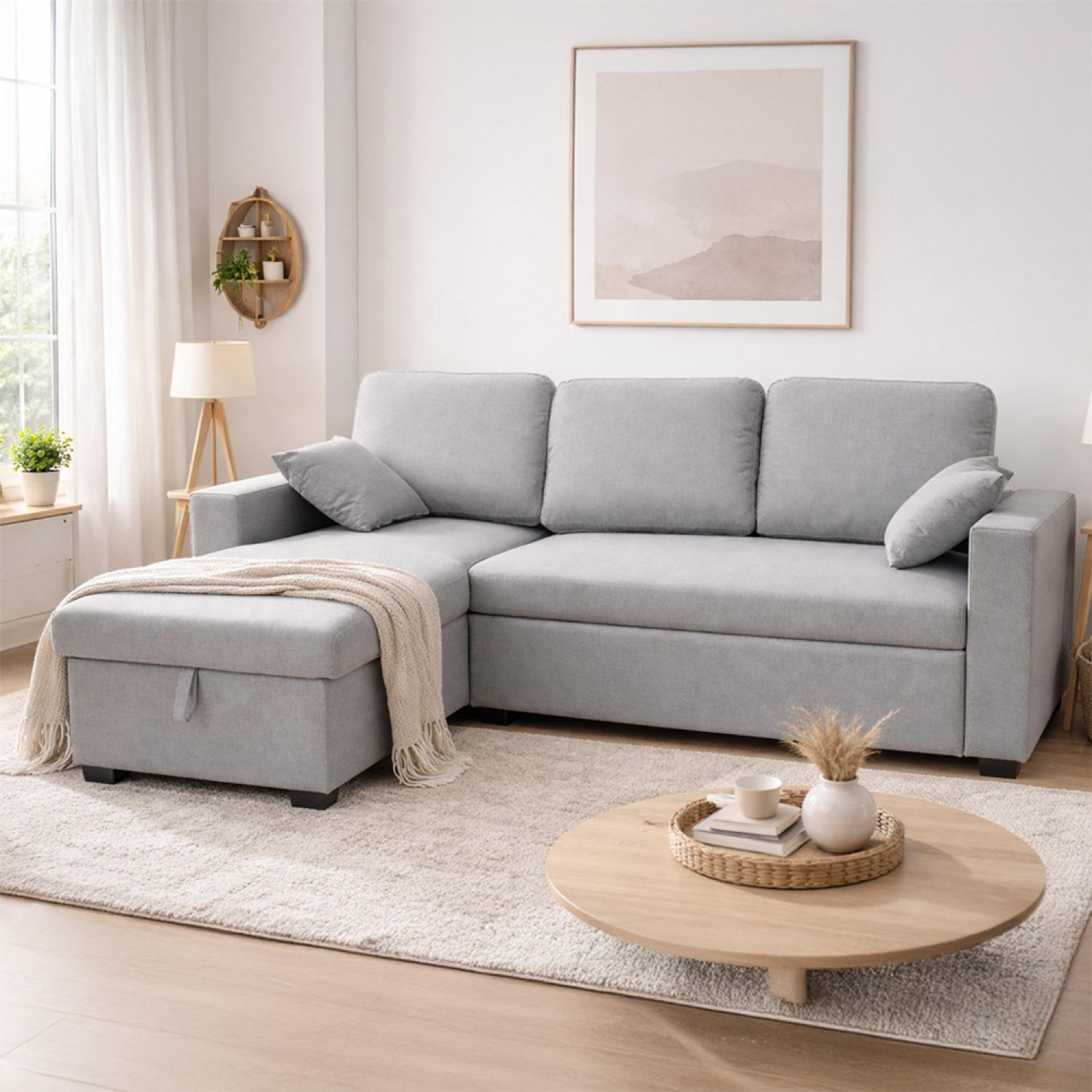 Voir la diapositive 2 : CONCEPT USINE Canapé d'angle convertible 3 places avec coffre en tissu gris celbridge