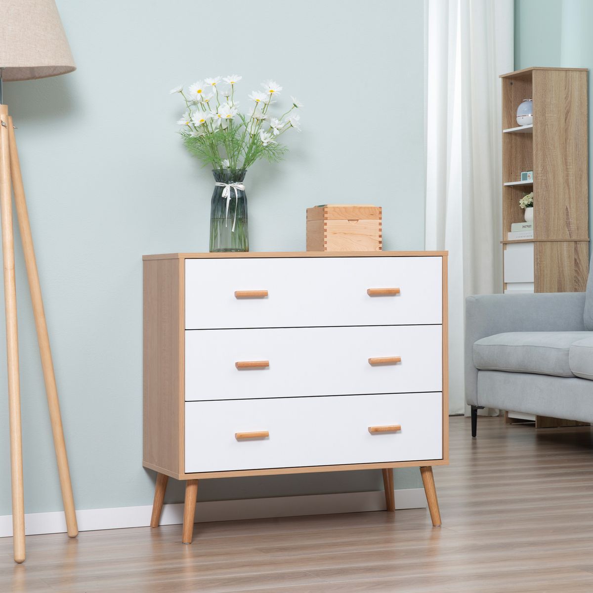 HOMCOM Commode design scandinave sur pieds 3 tiroirs coulissants pieds effilés inclinés panneaux particules blanc aspect bois clair