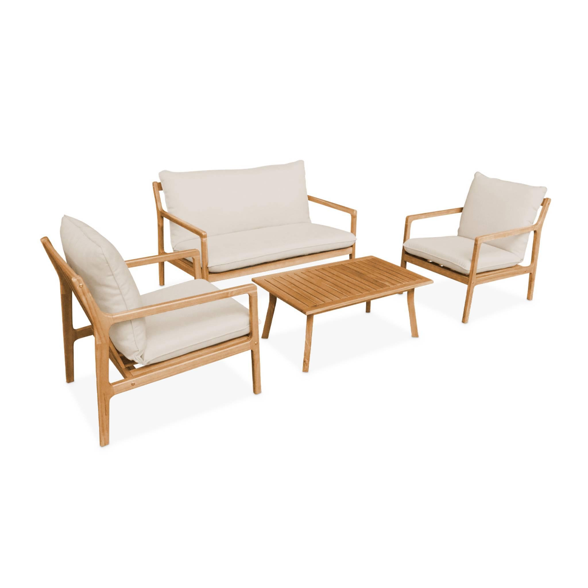 Voir la diapositive 1 : SWEEEK Salon de jardin en bois d'acacia 4 places beige. NALDA. coussins gansés et déhoussables