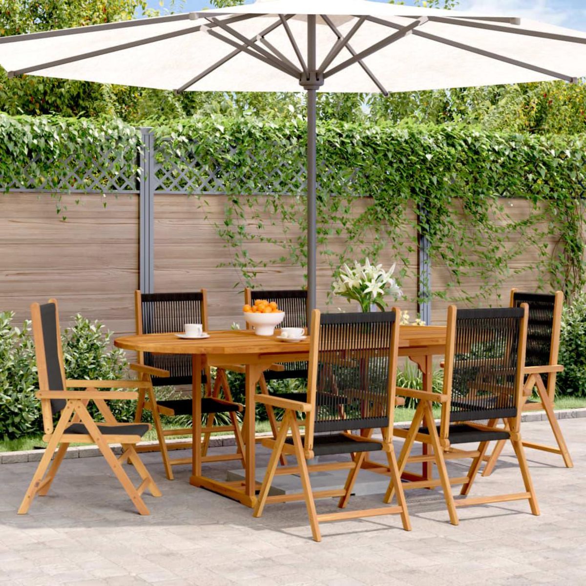 VIDAXL Ensemble a Manger de jardin 7pcs noir polypropylene bois massif