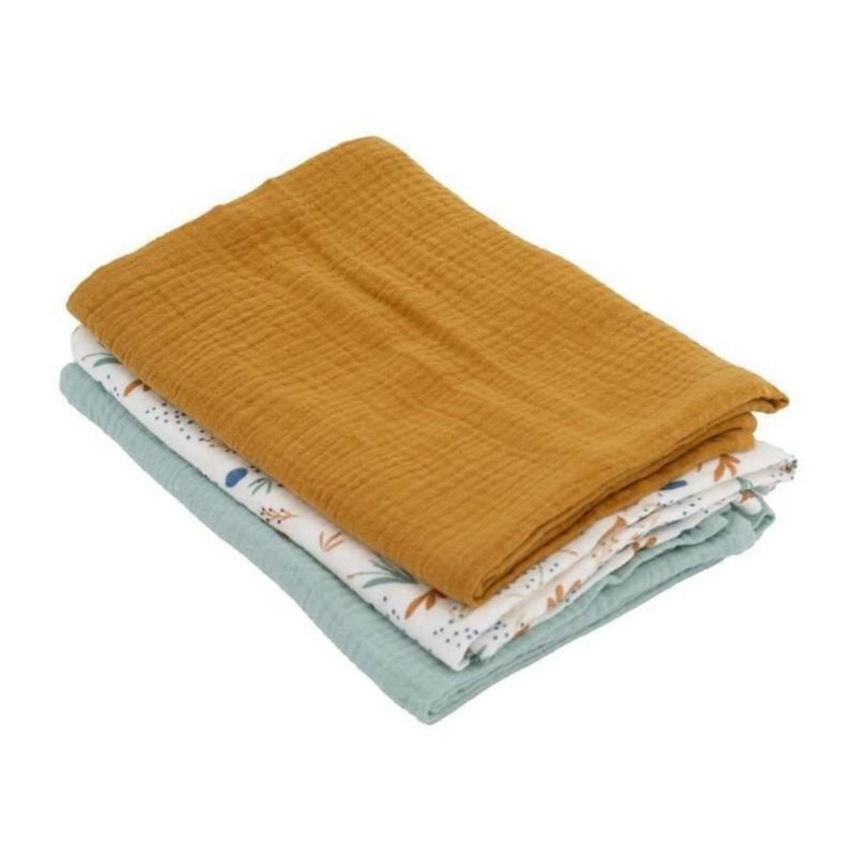 DOMIVA Lot de 3 langes Bambou - DOMIVA - 1 Imprimé + 2 Uni - Vert caramel - 60x60 cm