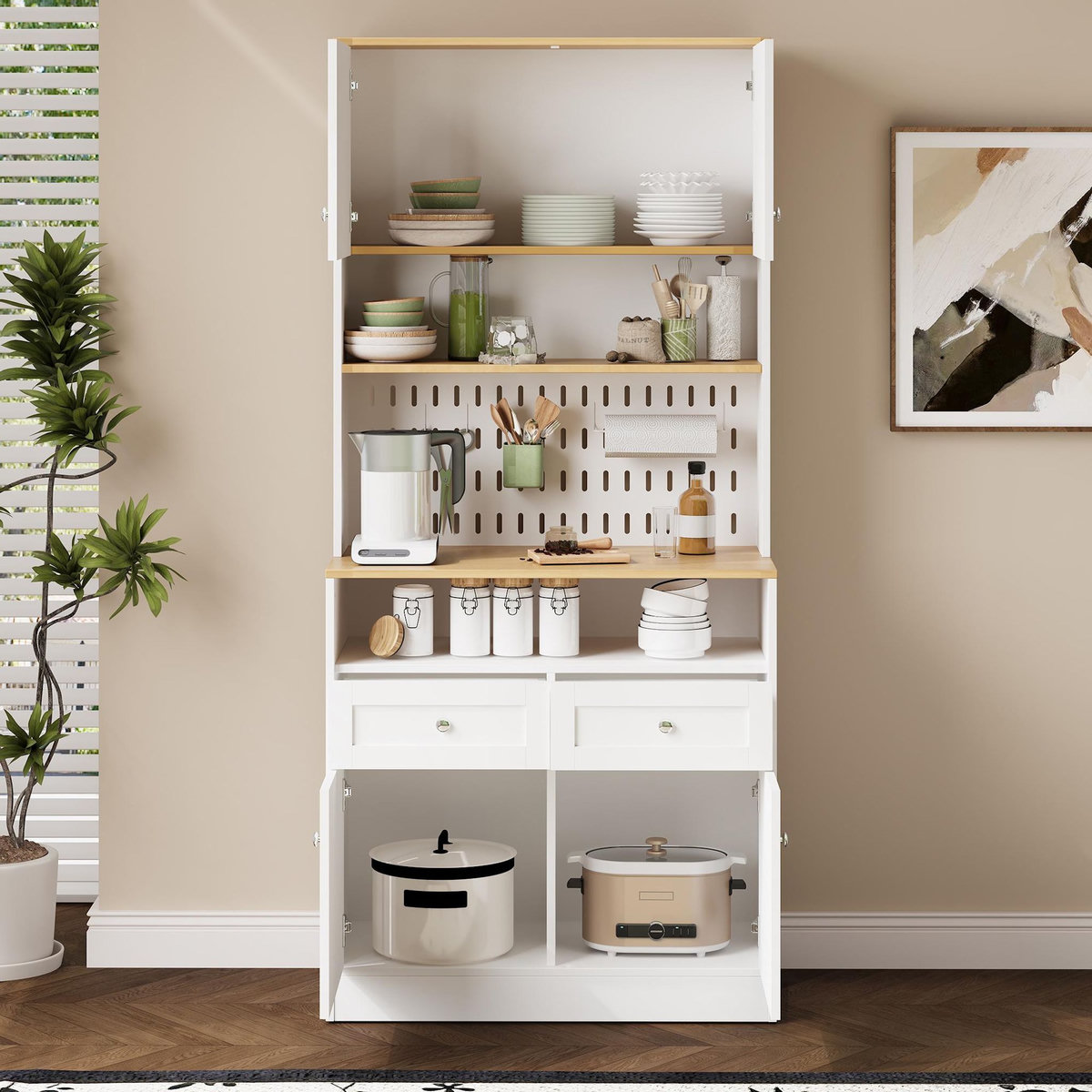 MERAX Buffet de cuisine 4 portes 2 tiroirs - 80 cm blanc+naturel mdf