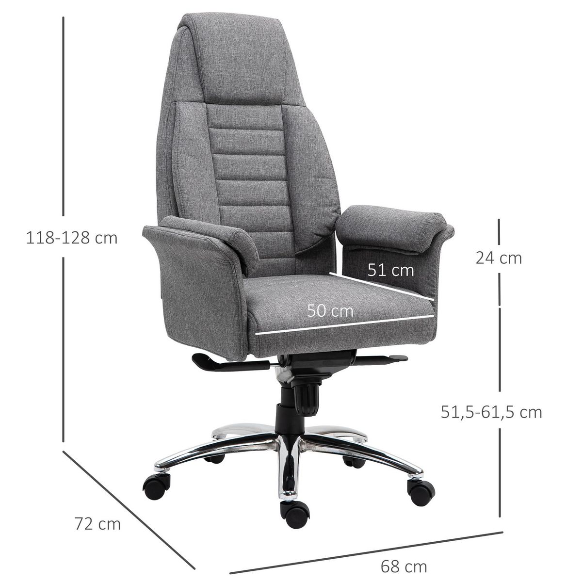 VINSETTO Fauteuil de bureau ergonomique hauteur réglable roulettes pivotantes 68 x 72 x 118-128 cm gris