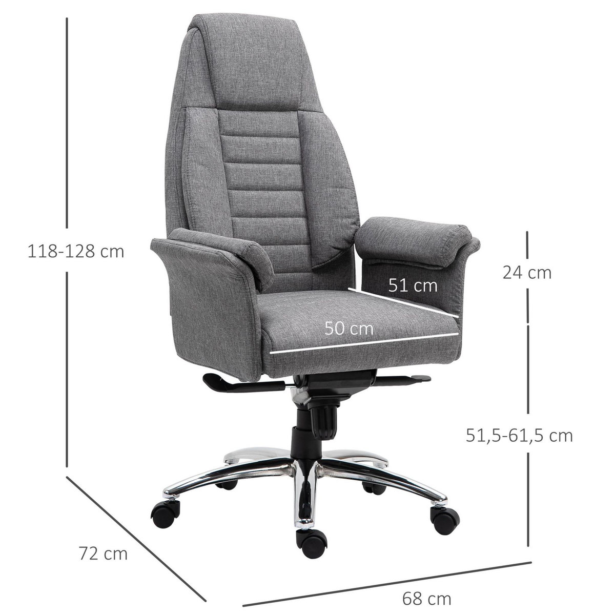 VINSETTO Fauteuil de bureau ergonomique hauteur réglable roulettes pivotantes 68 x 72 x 118-128 cm gris