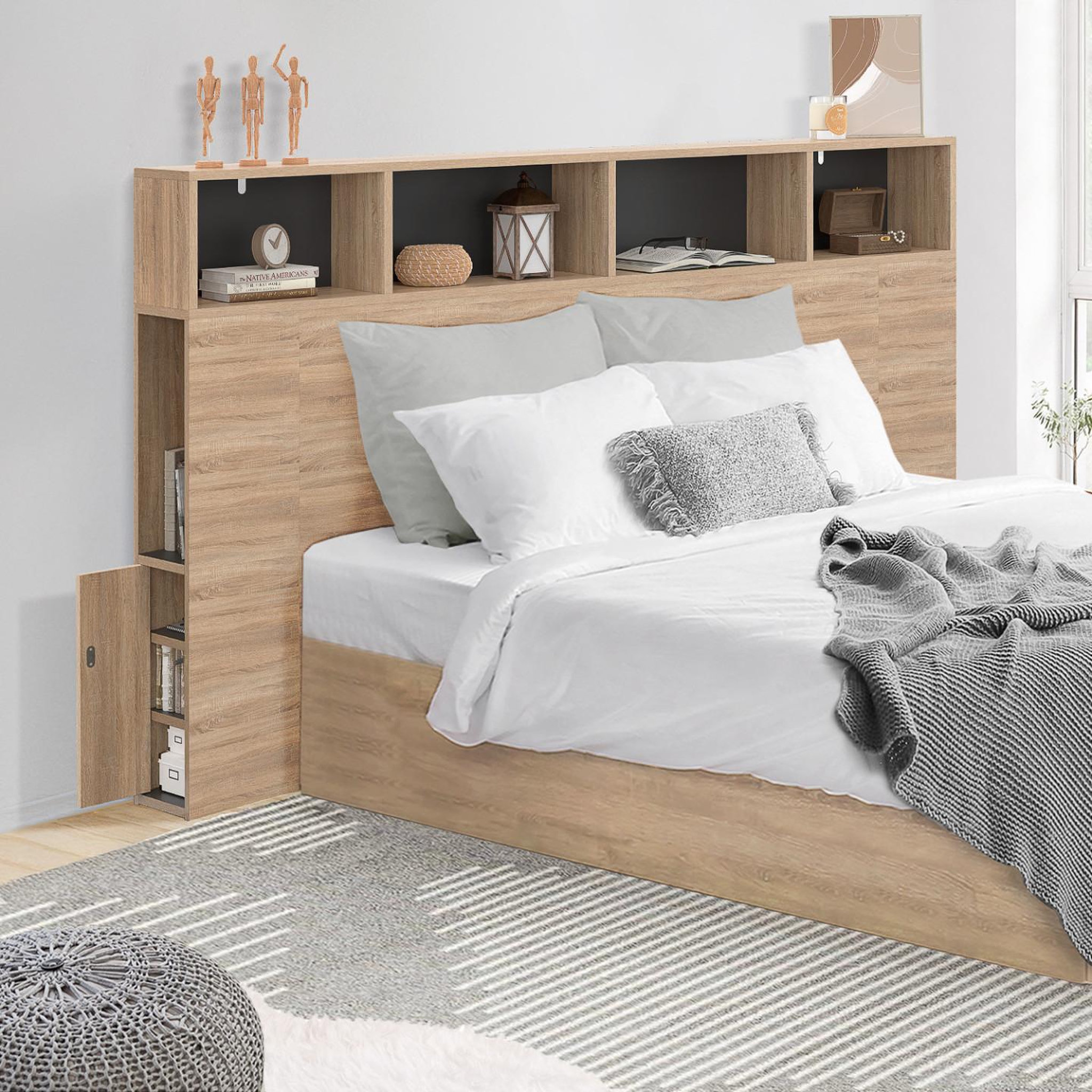 Voir la diapositive 2 : ID MARKET Tête de lit sur pied cleo 165 cm avec rangements fermés et niches façon hêtre et noir
