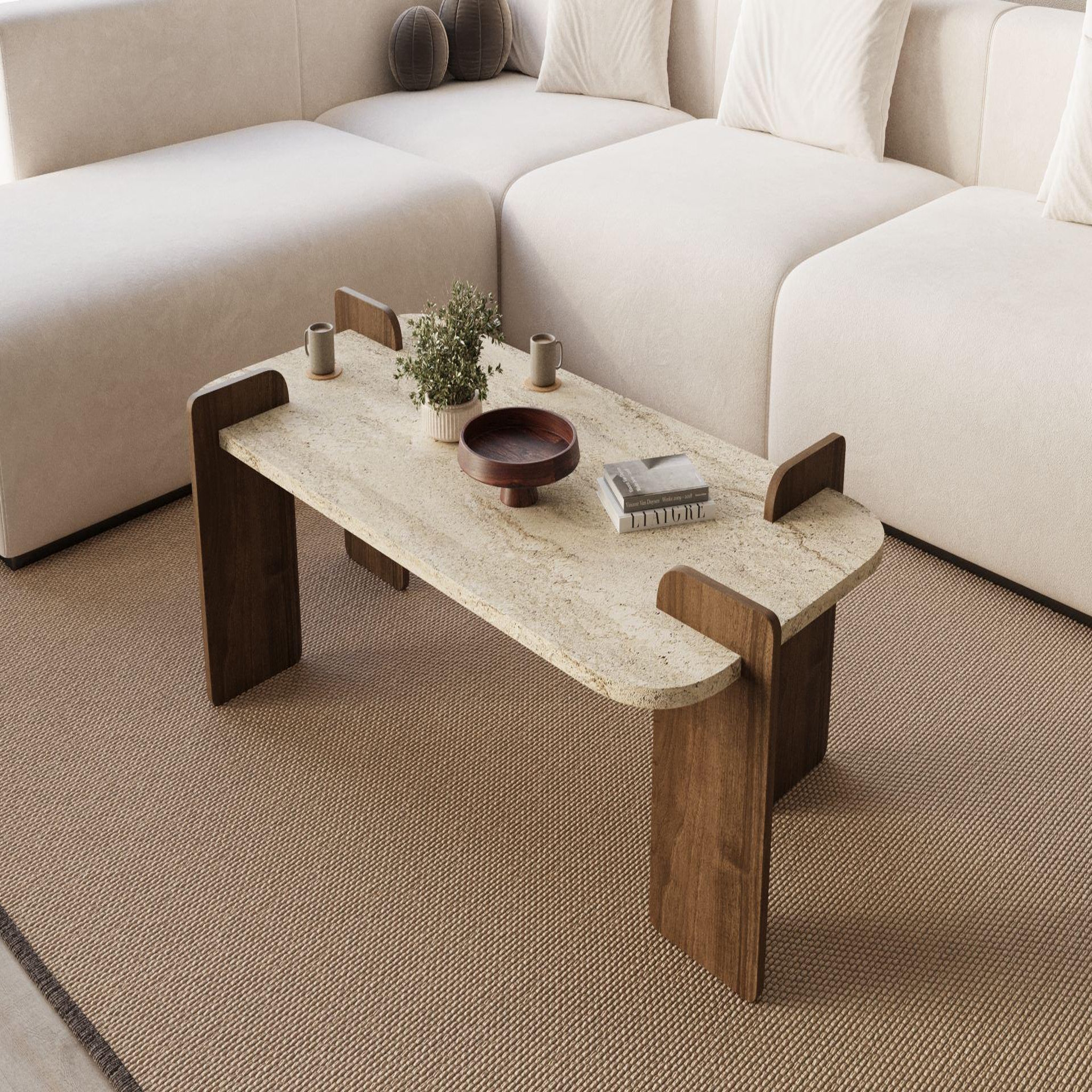 Voir la diapositive 2 : Habitat et Jardin Table basse en bois  leapiri  - 120 x 60 x 35 cm - travertin