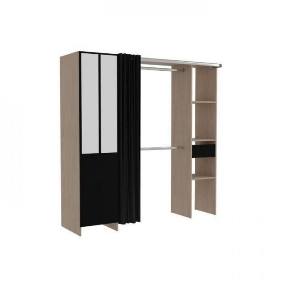 EKIPA Dressing ARTIC avec rideau - EKIPA - Décor Chene et noir - 1 colonne + 1 armoire + 2 penderies + 2 tiroirs