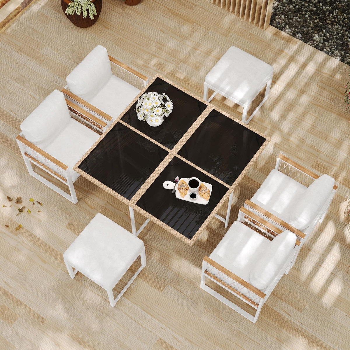MERAX Salon de jardin 6 places avec table carrée, 4 fauteuils et 2 poufs