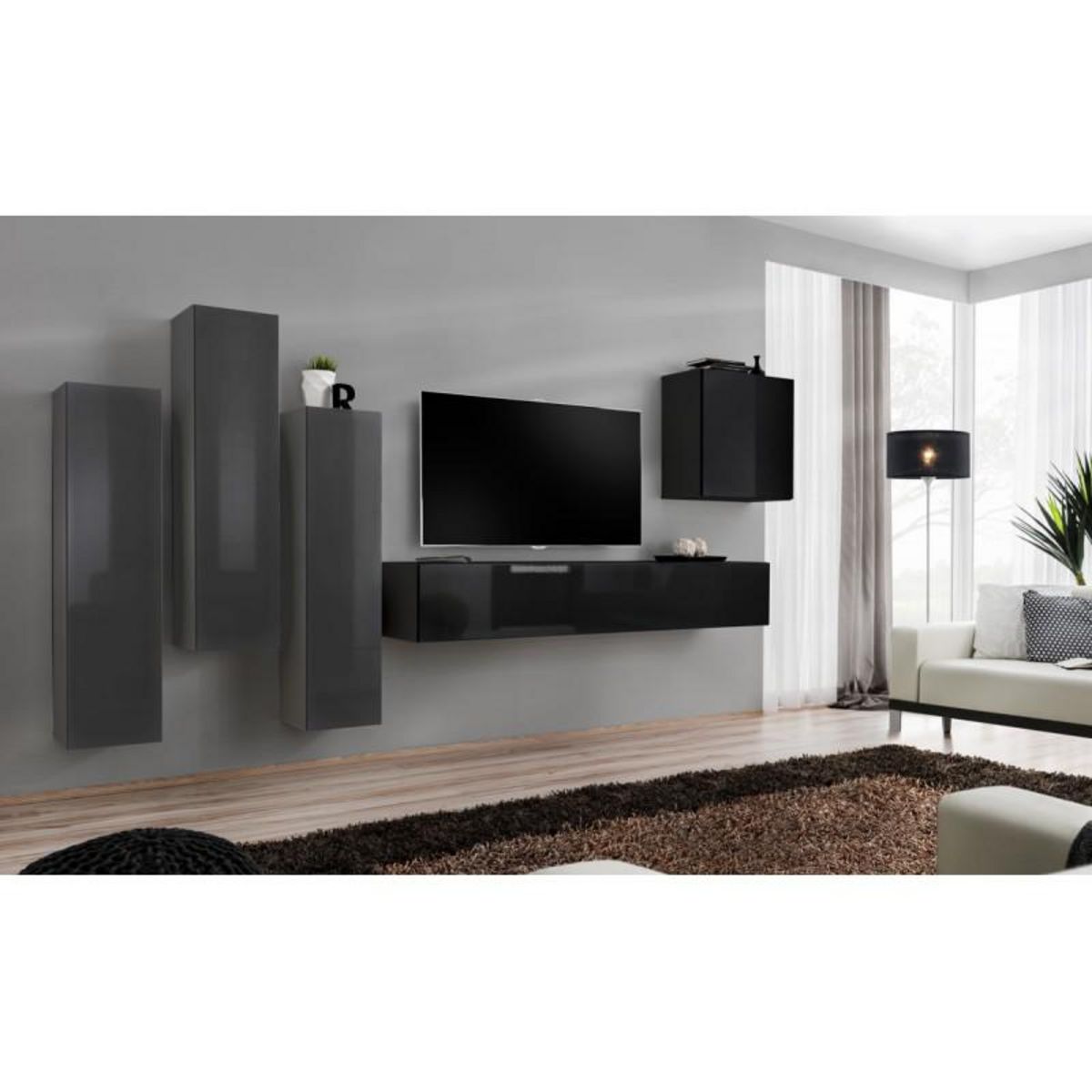 Paris Prix Meuble TV Mural Design  Switch III  330cm Gris & Noir