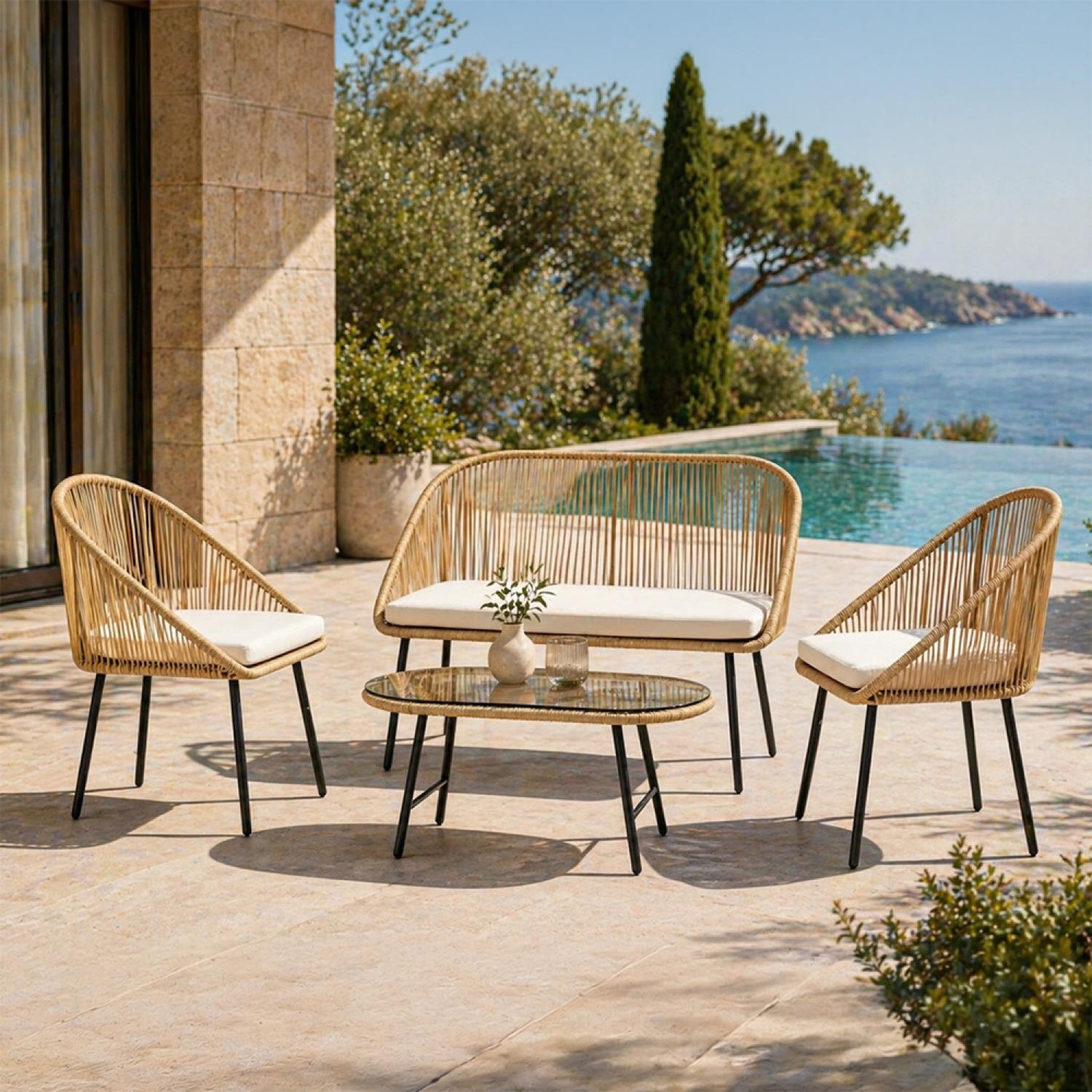 Voir la diapositive 2 : CONCEPT USINE Salon de jardin 4 places avec table basse effet rotin naturel ravello