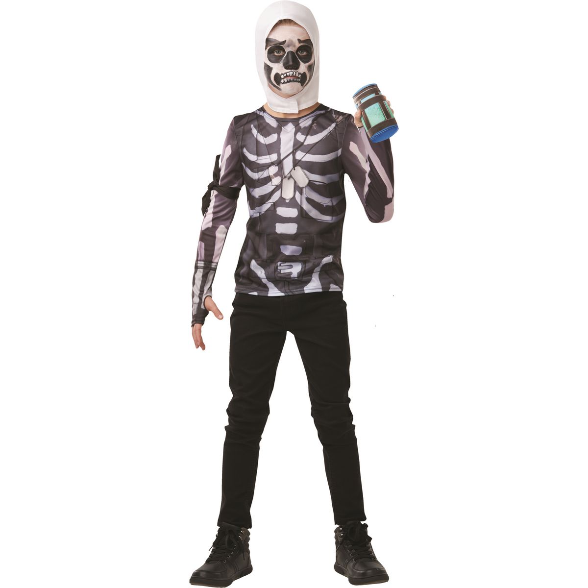 RUBIES Panoplie déguisement top + cagoule + gourde du brave Skull Trooper taille 9/10 ans - Fortnite