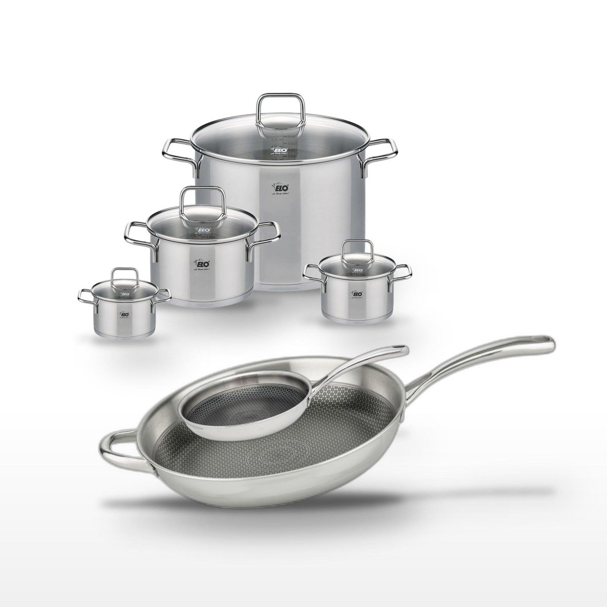 ELO Lot Poêle 32 cm & 24 cm Elo Relief Evolution avec Faitouts 12/14/20/26 cm