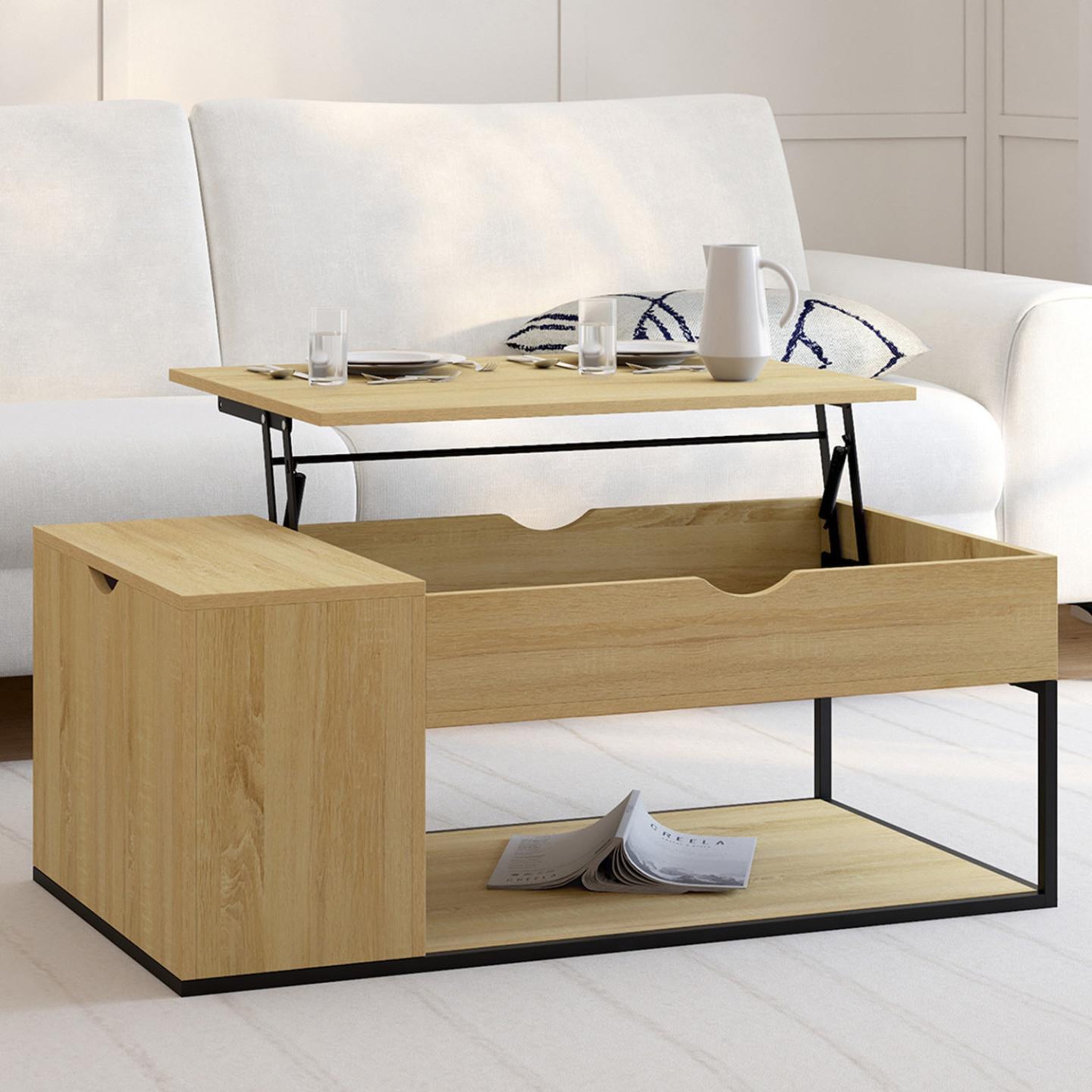 Voir la diapositive 2 : ID MARKET Table basse plateau relevable rectangulaire detroit avec coffre design industriel