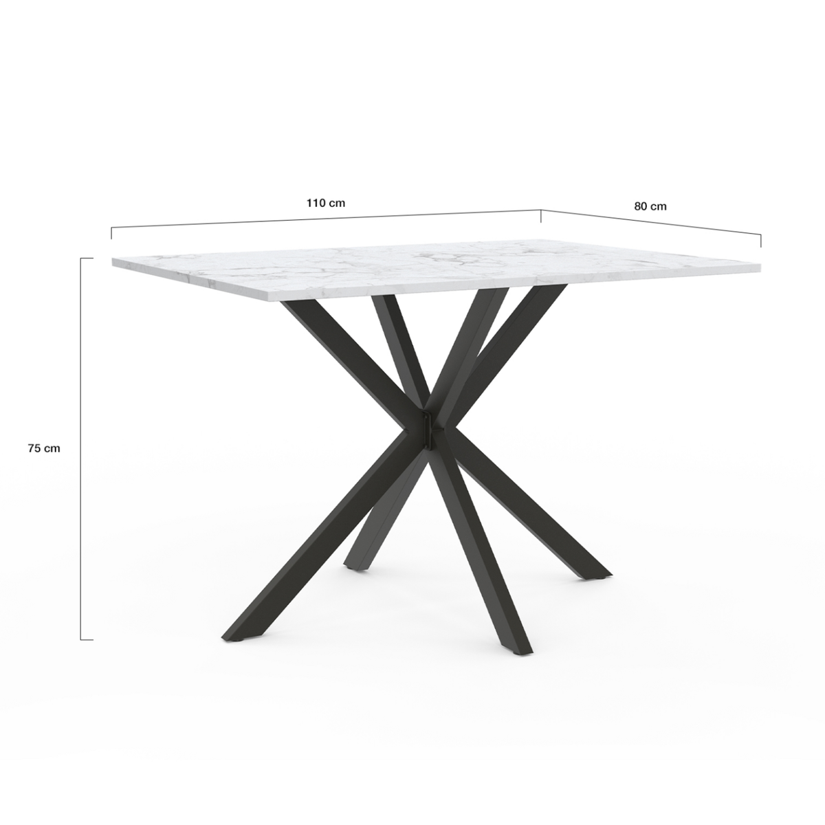 ID MARKET Table à manger rectangle ALIX 6 personnes pied araignée noir et plateau effet marbre blanc ALASKA 110 cm