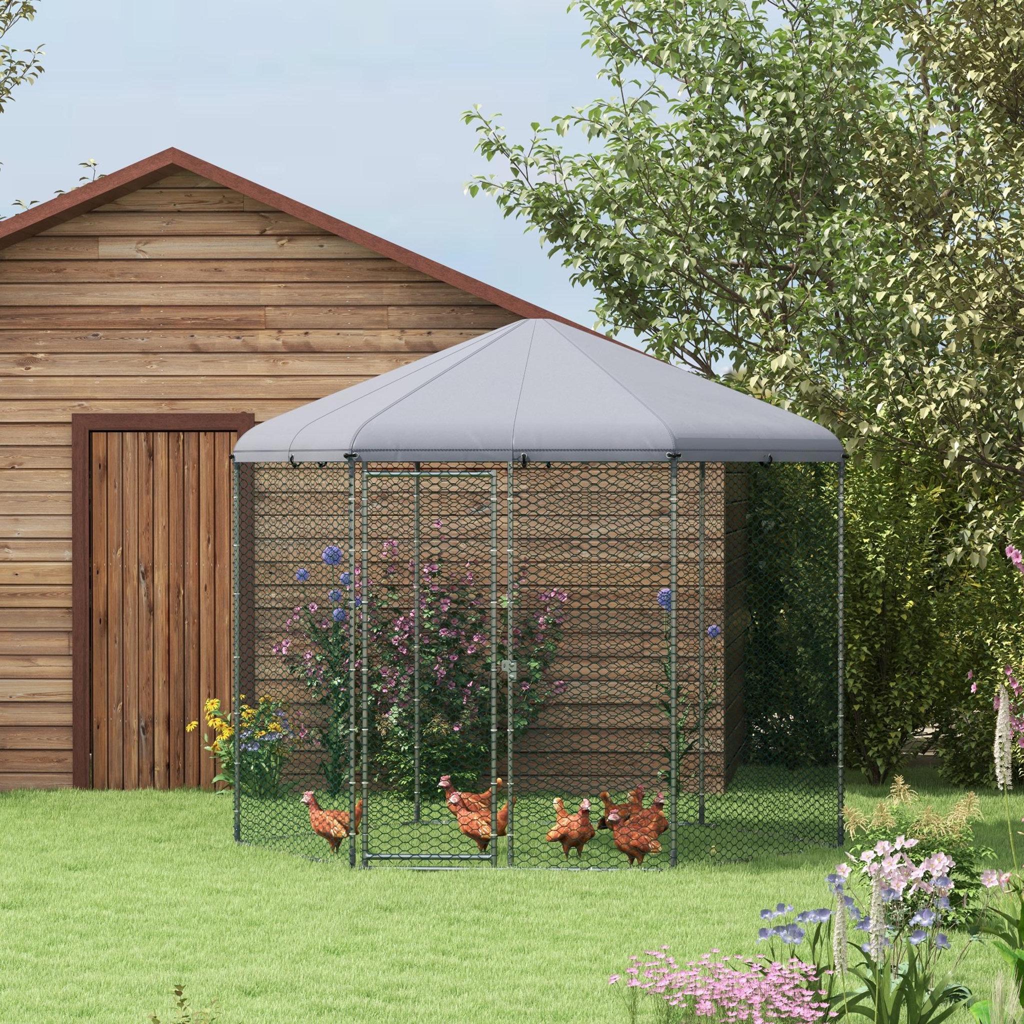 Voir la diapositive 2 : PAWHUT Enclos poulailler chenil 5 m² - parc grillagé dim. 2,8L x 2,45l x 2,46H m - entièrement couvert - acier oxford gris