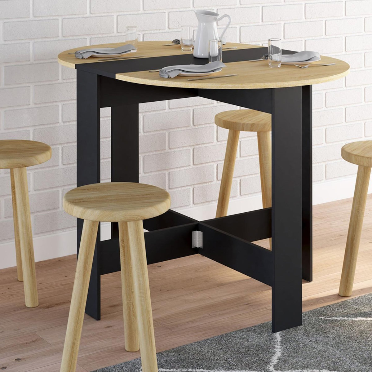 ID MARKET Table console pliable ronde EDI 2-4 personnes bois noir plateau façon hêtre 103 x 76 cm