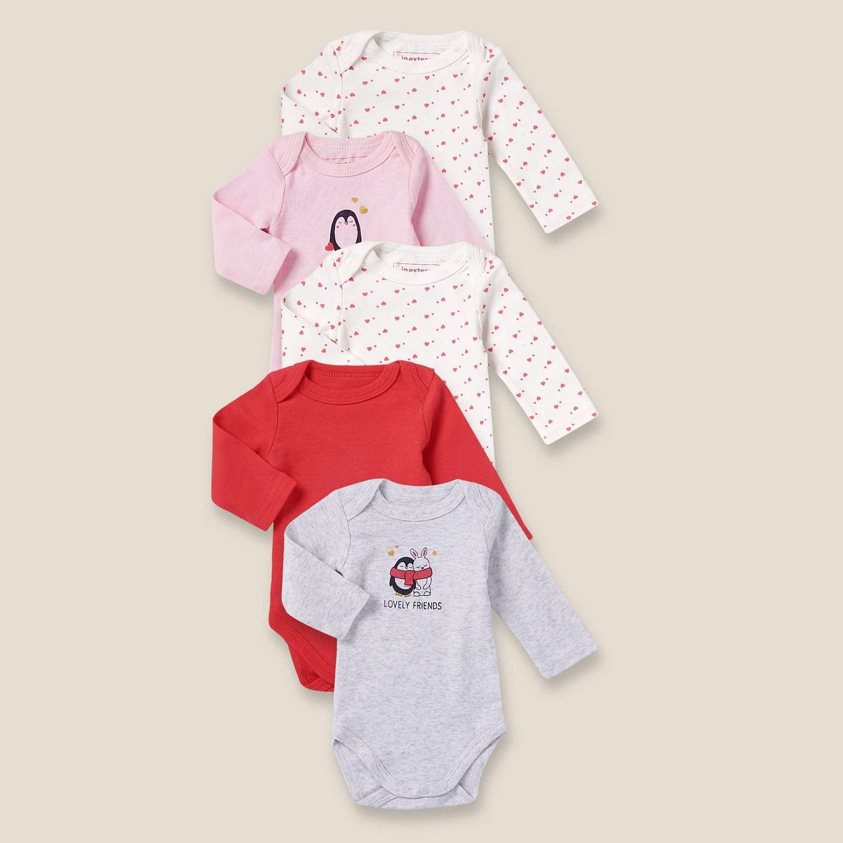 IN EXTENSO Lot de 5 bodies manches longues pingouin bébé fille