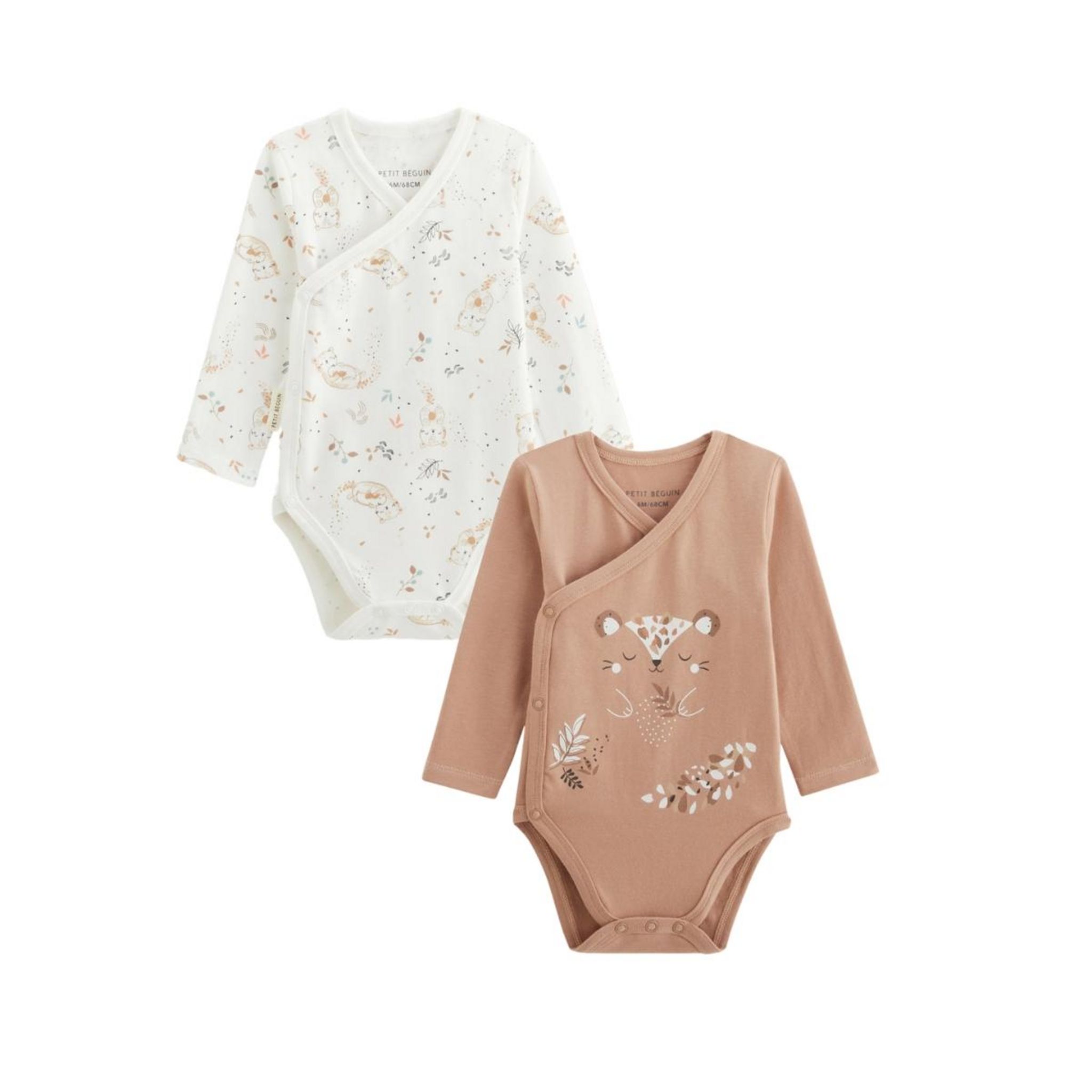 Petit Béguin Lot de 2 bodies bébé manches longues ouverture croisée Mini Loutre. Coloris disponibles : Beige