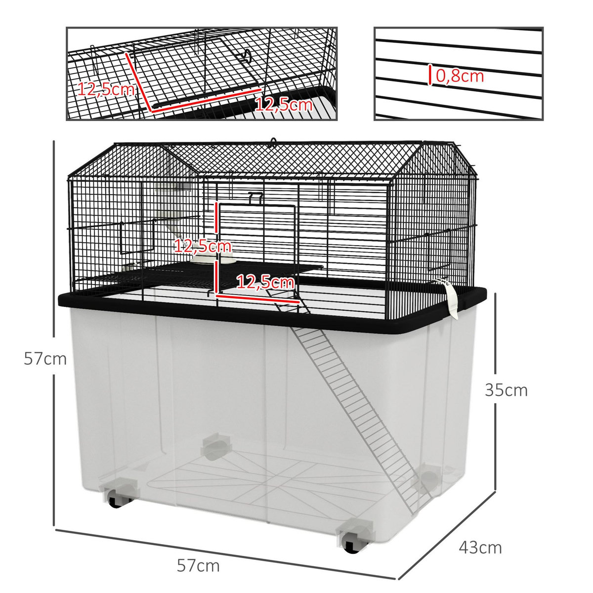 PAWHUT Cage rongeur hamster 2 étages - roulettes, plateforme, échelle, accessoires - PP transparent acier noir