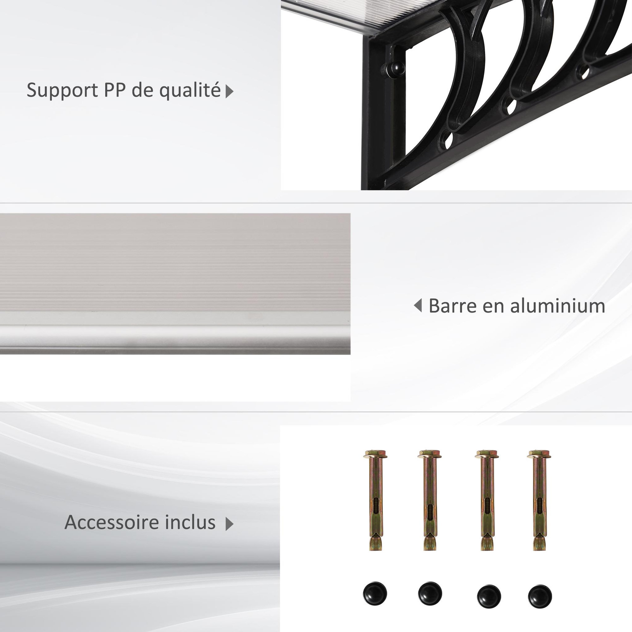 Voir la diapositive 6 : OUTSUNNY Auvent marquise de porte design voûté arrondi dim. 122L x 89l x 24H cm polycarbonate PP noir