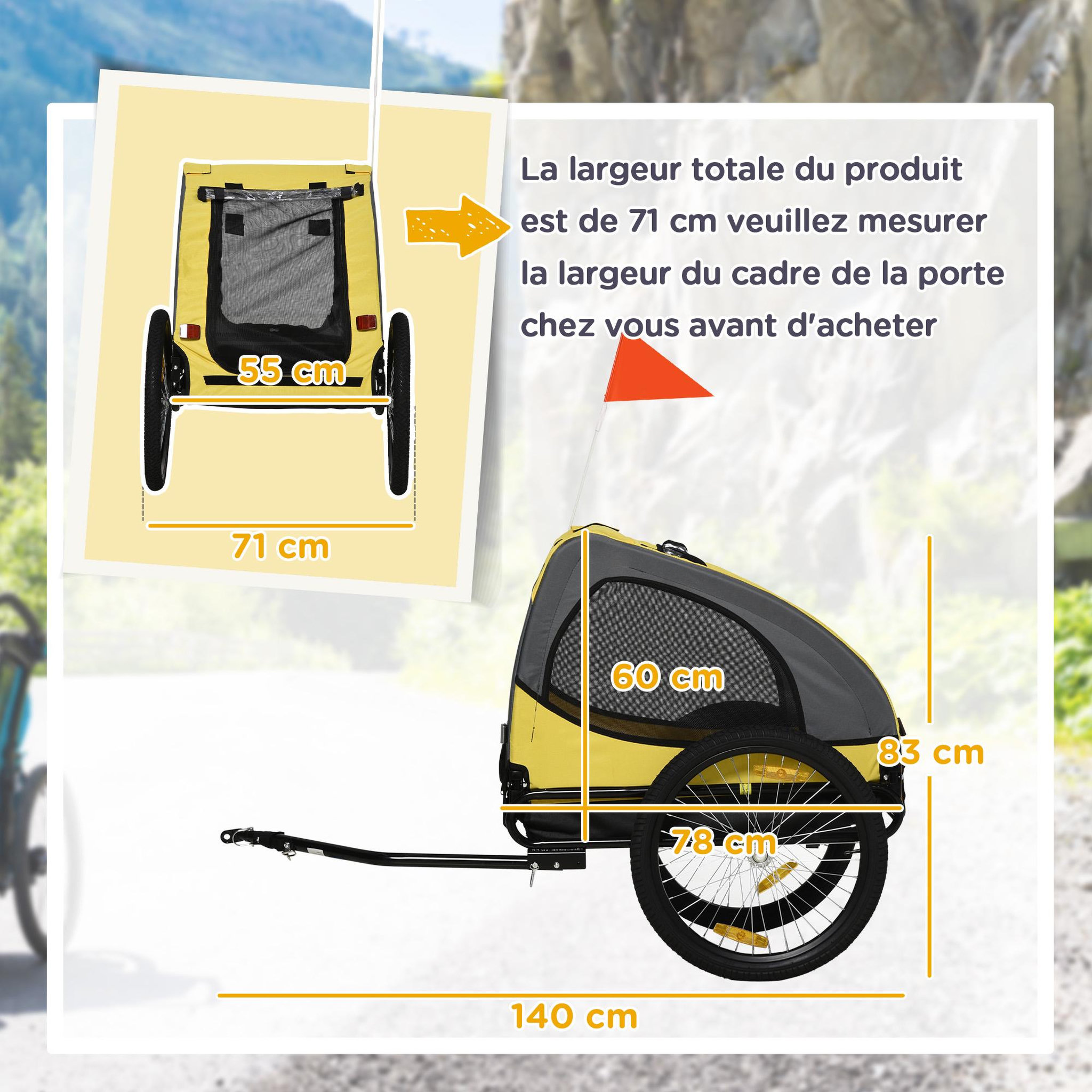 Voir la diapositive 3 : PAWHUT Remorque vélo pour chien 20 kg pliable barre attelage fixation réflecteurs drapeau jaune